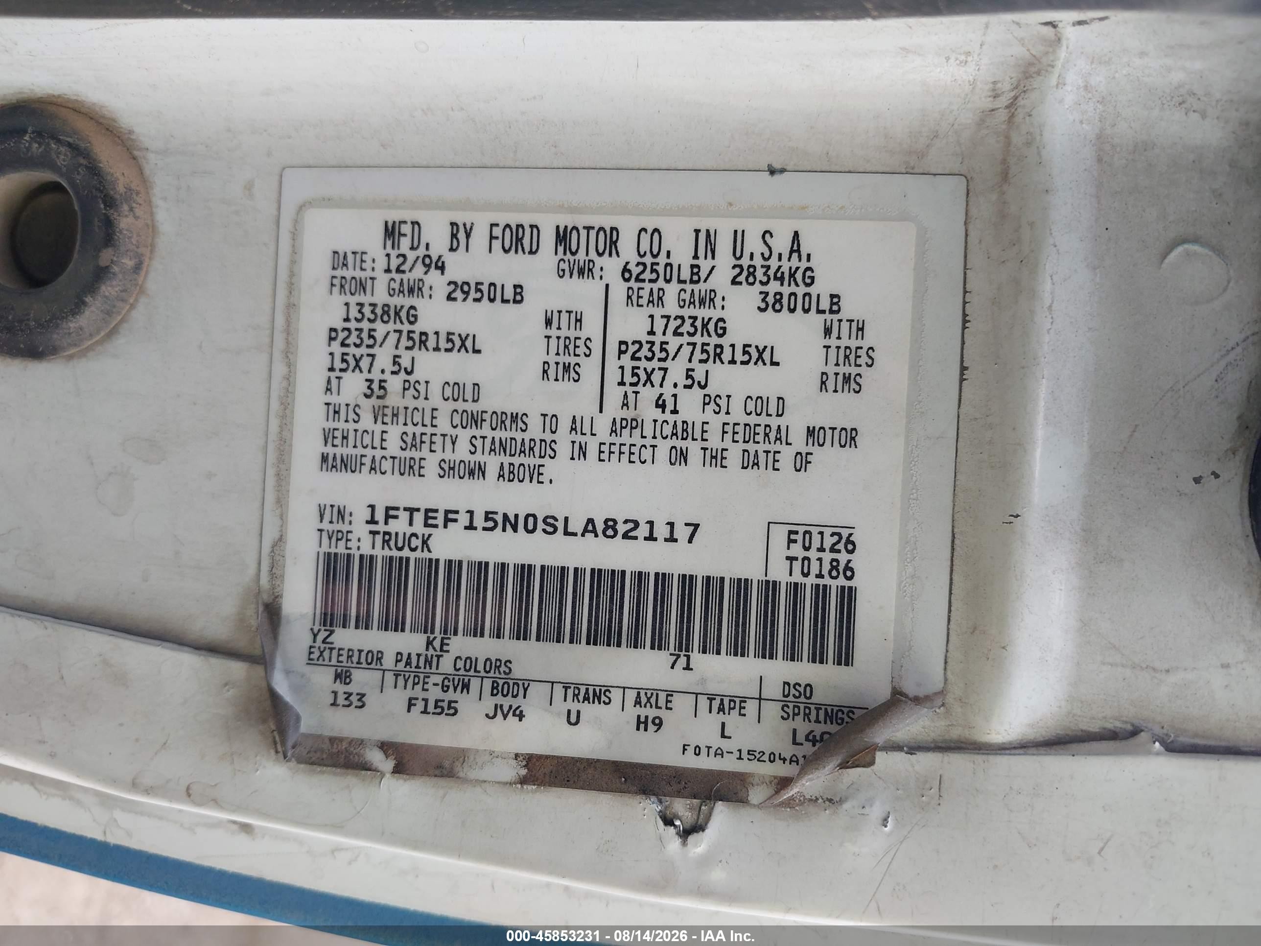 1995 Ford F150   White vin: 1FTEF15N0SLA82117