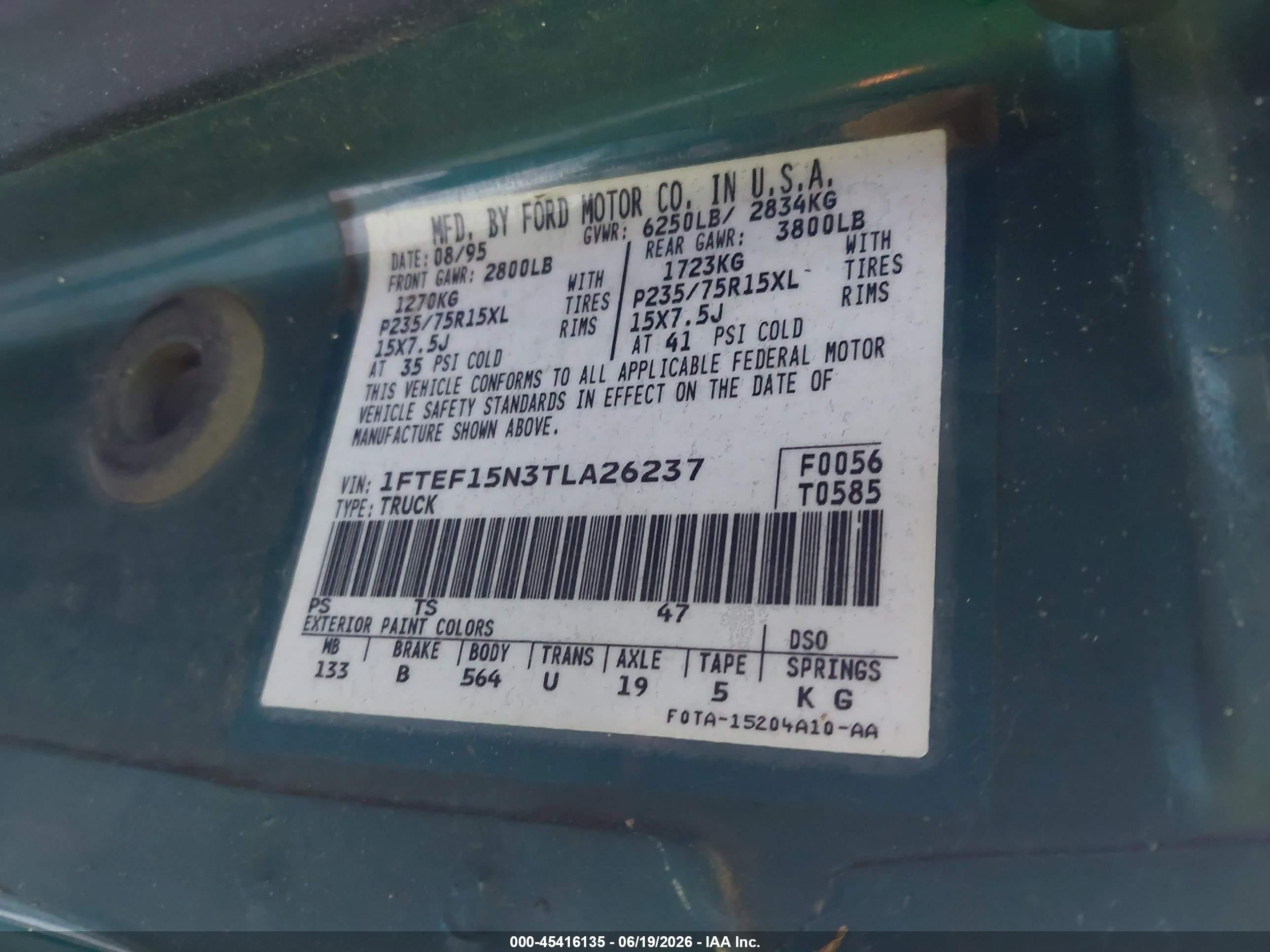 1996 Ford F150   Green vin: 1FTEF15N3TLA26237