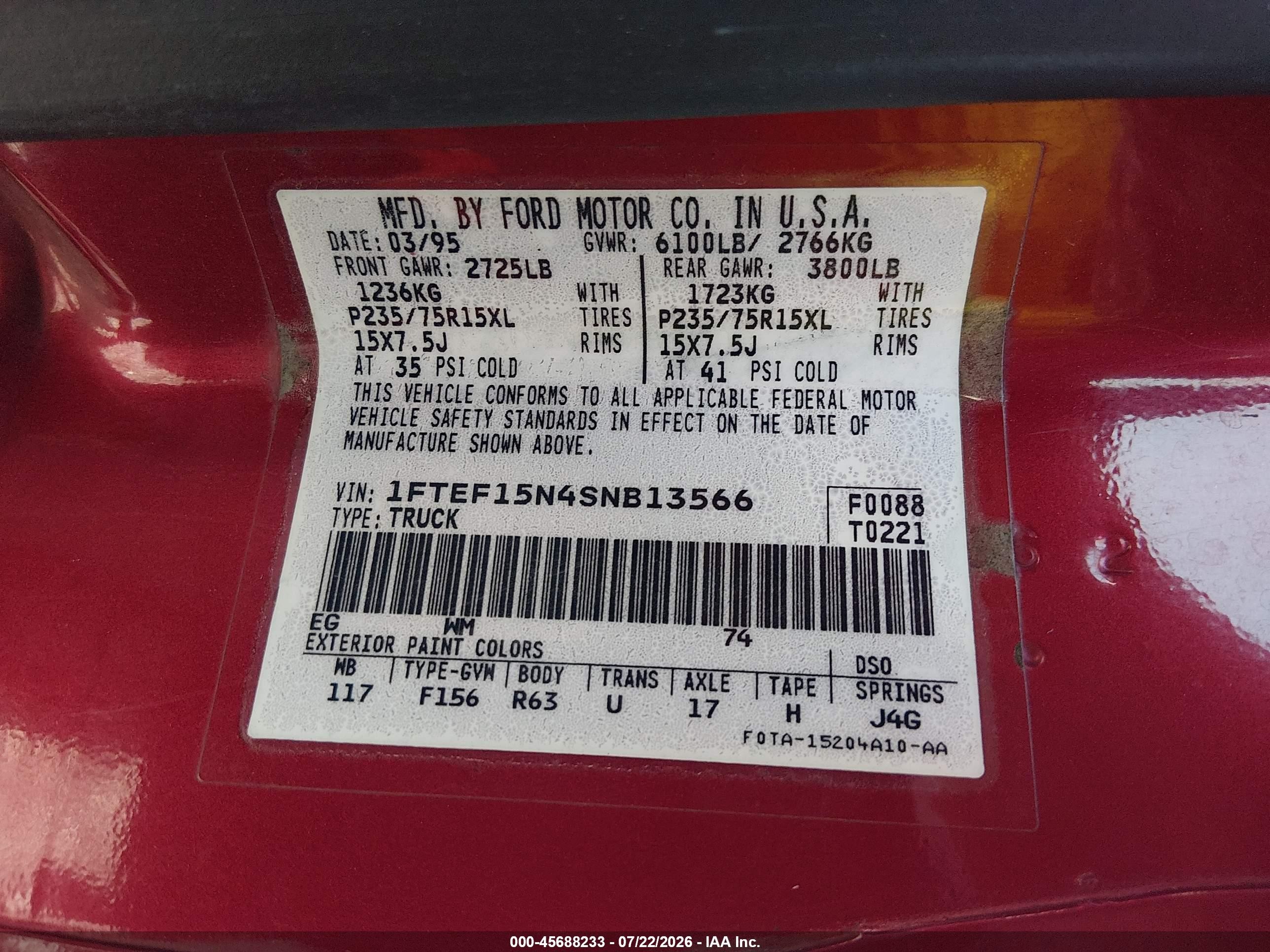 1995 Ford F150 Red vin: 1FTEF15N4SNB13566