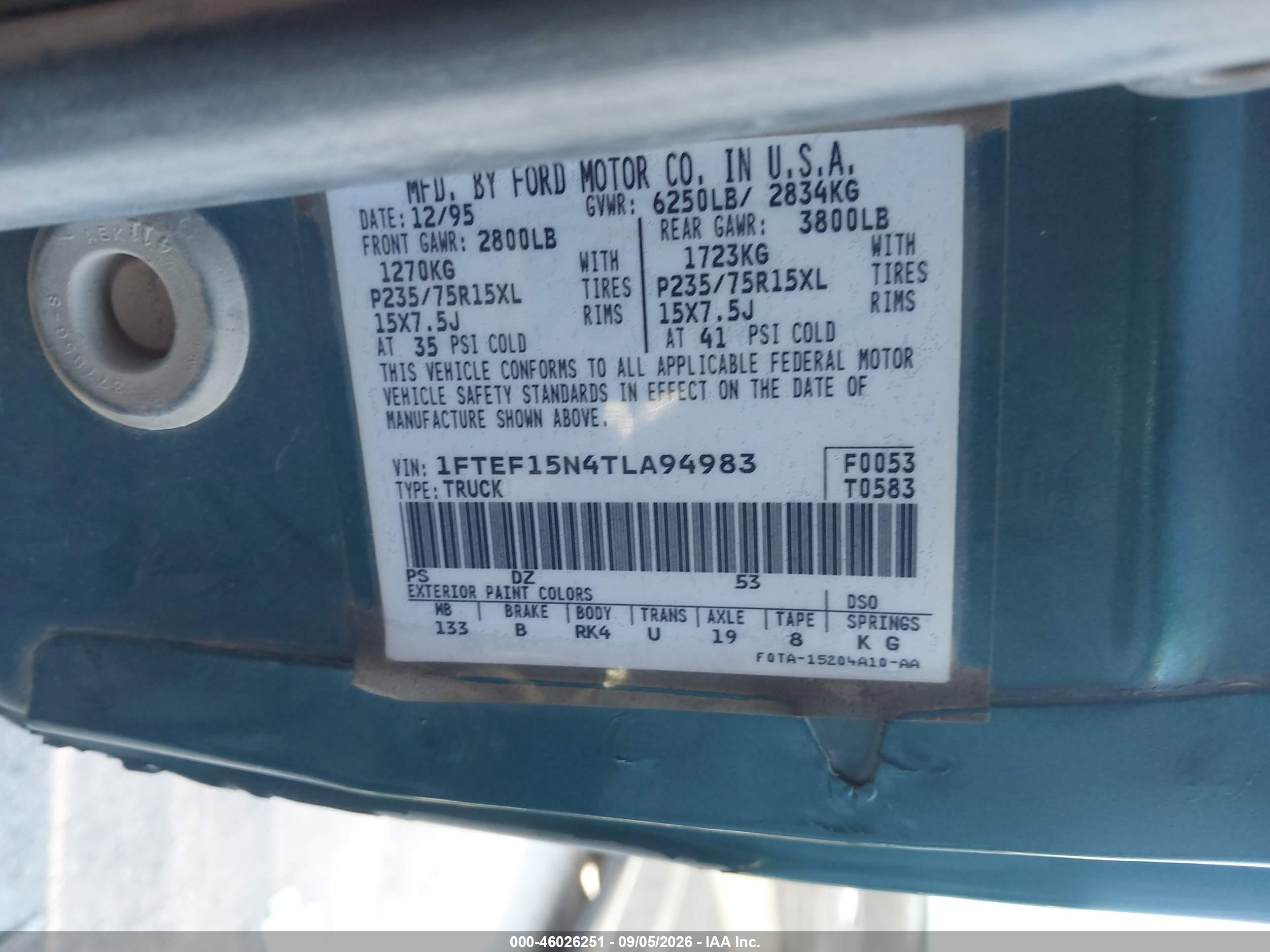 1996 Ford F150   Green vin: 1FTEF15N4TLA94983