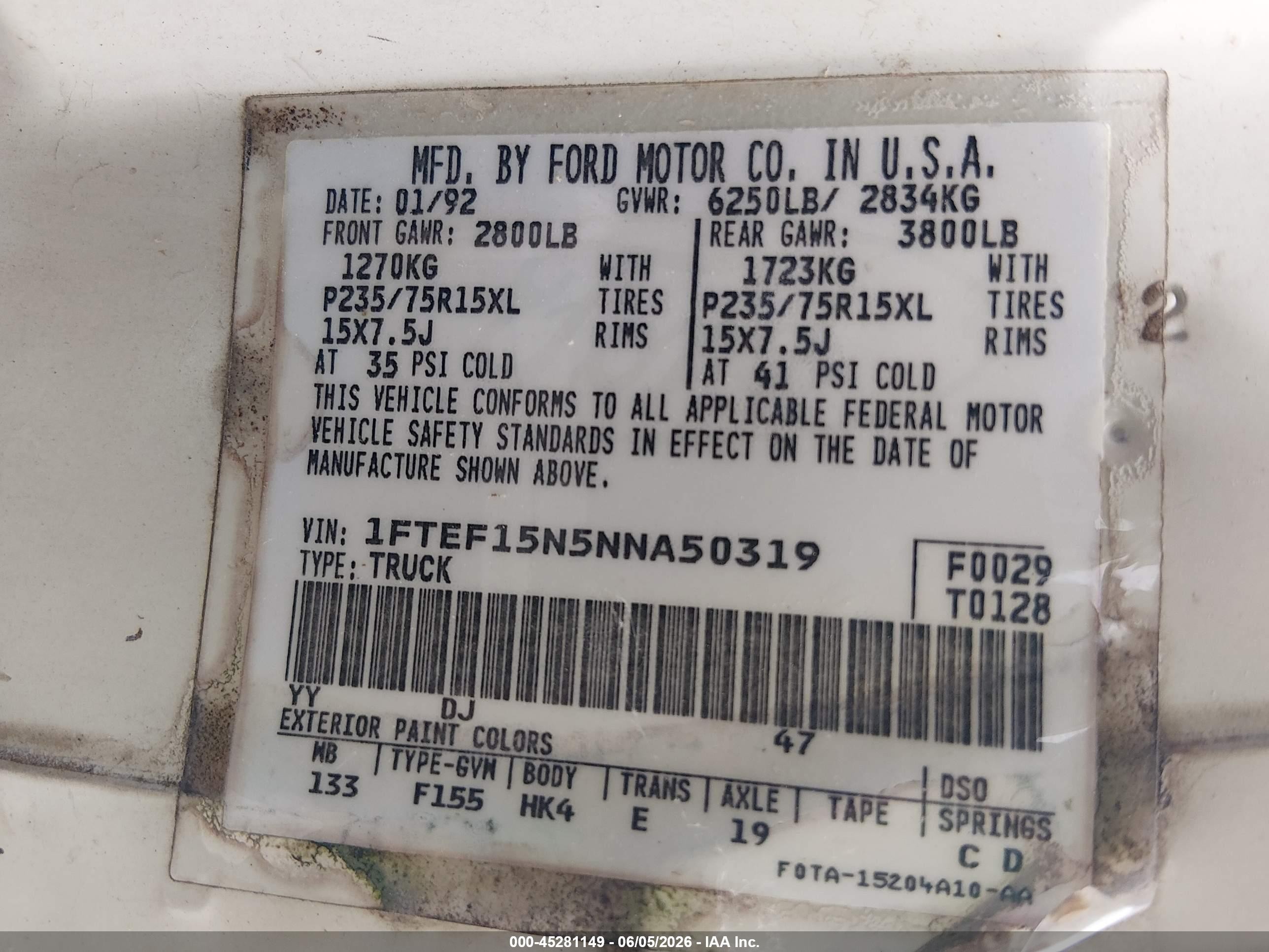 1992 Ford F150   Белый vin: 1FTEF15N5NNA50319