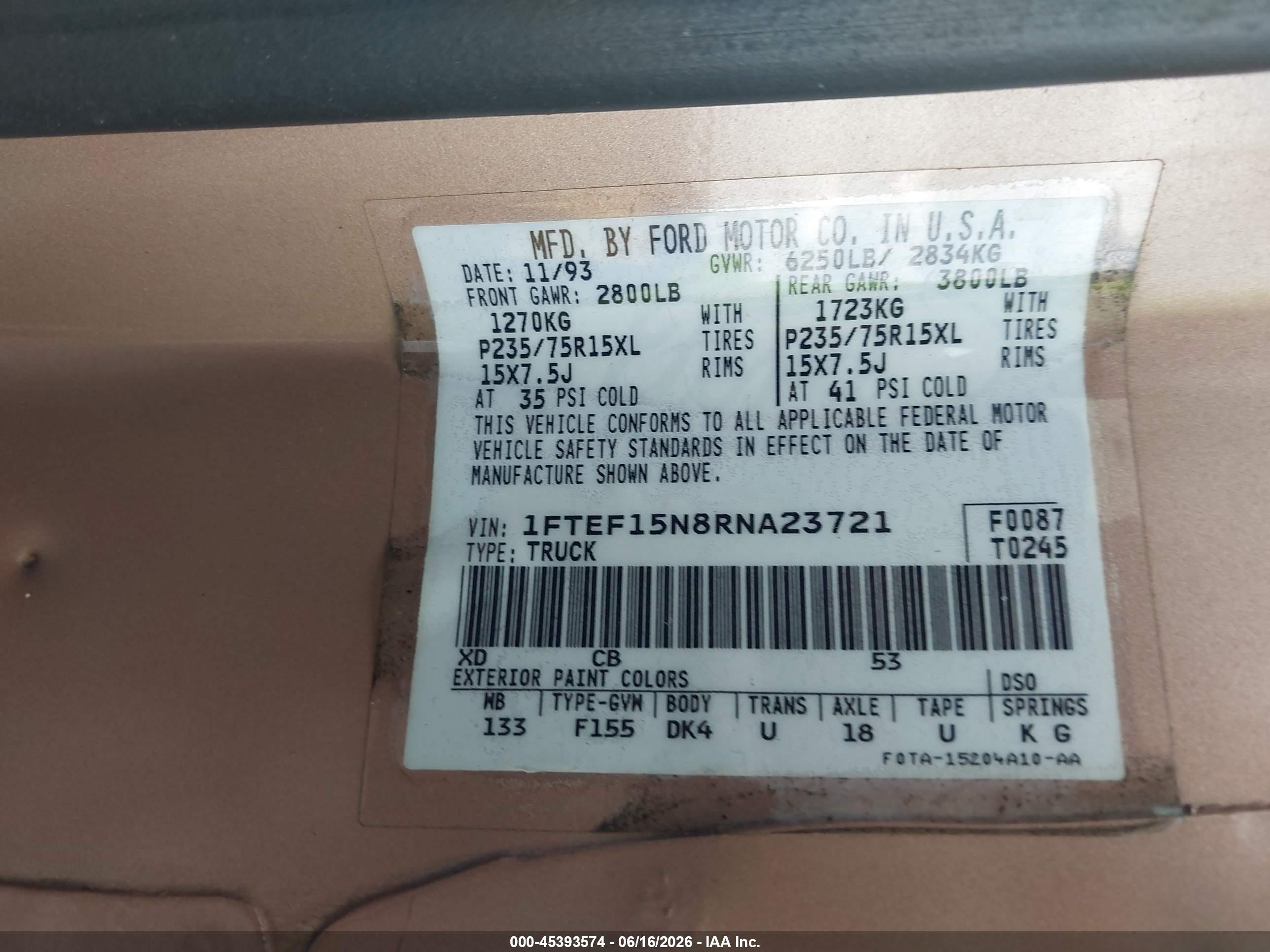 1994 Ford F150   Gold vin: 1FTEF15N8RNA23721
