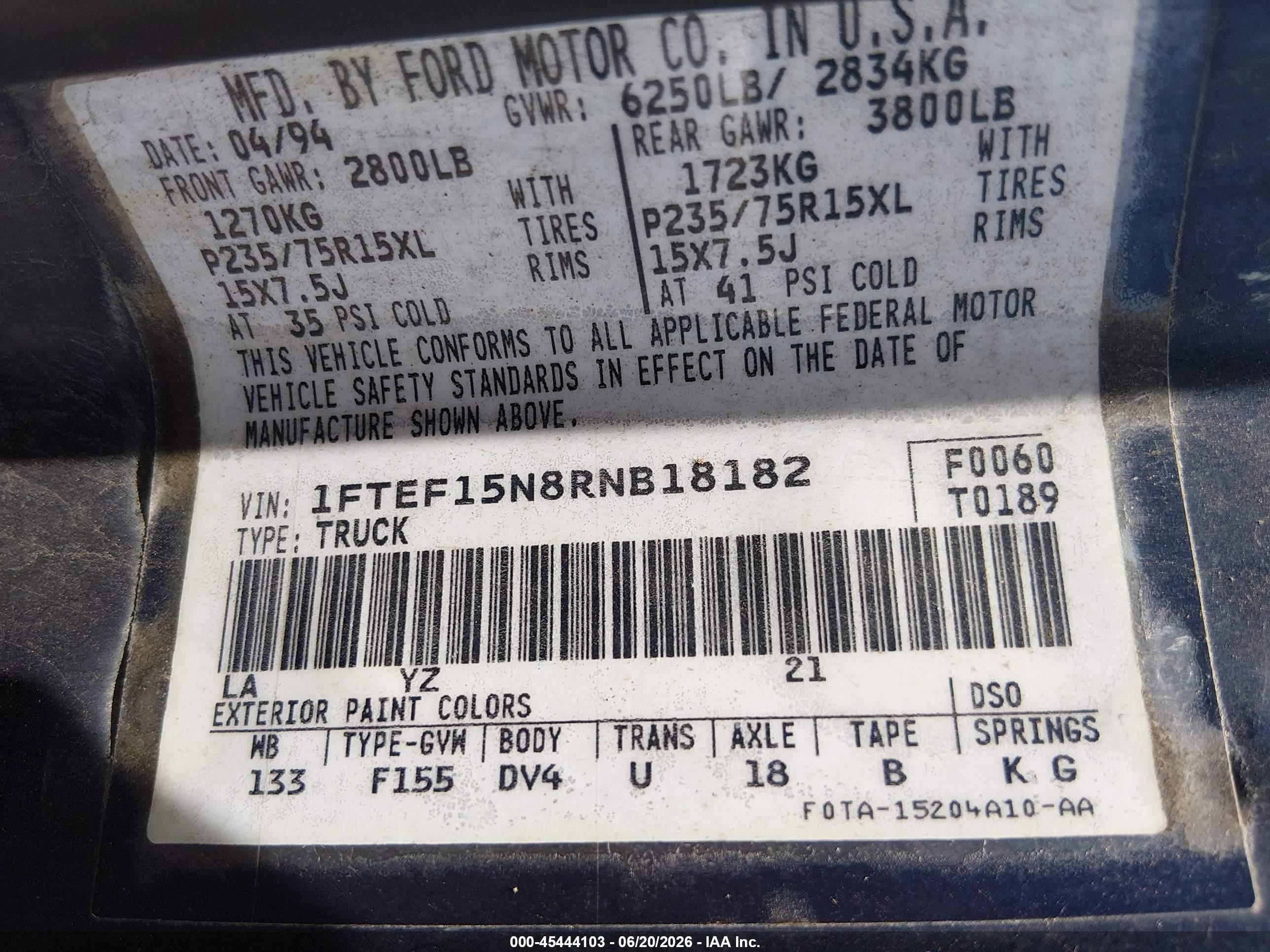 1994 Ford F150   Navy vin: 1FTEF15N8RNB18182