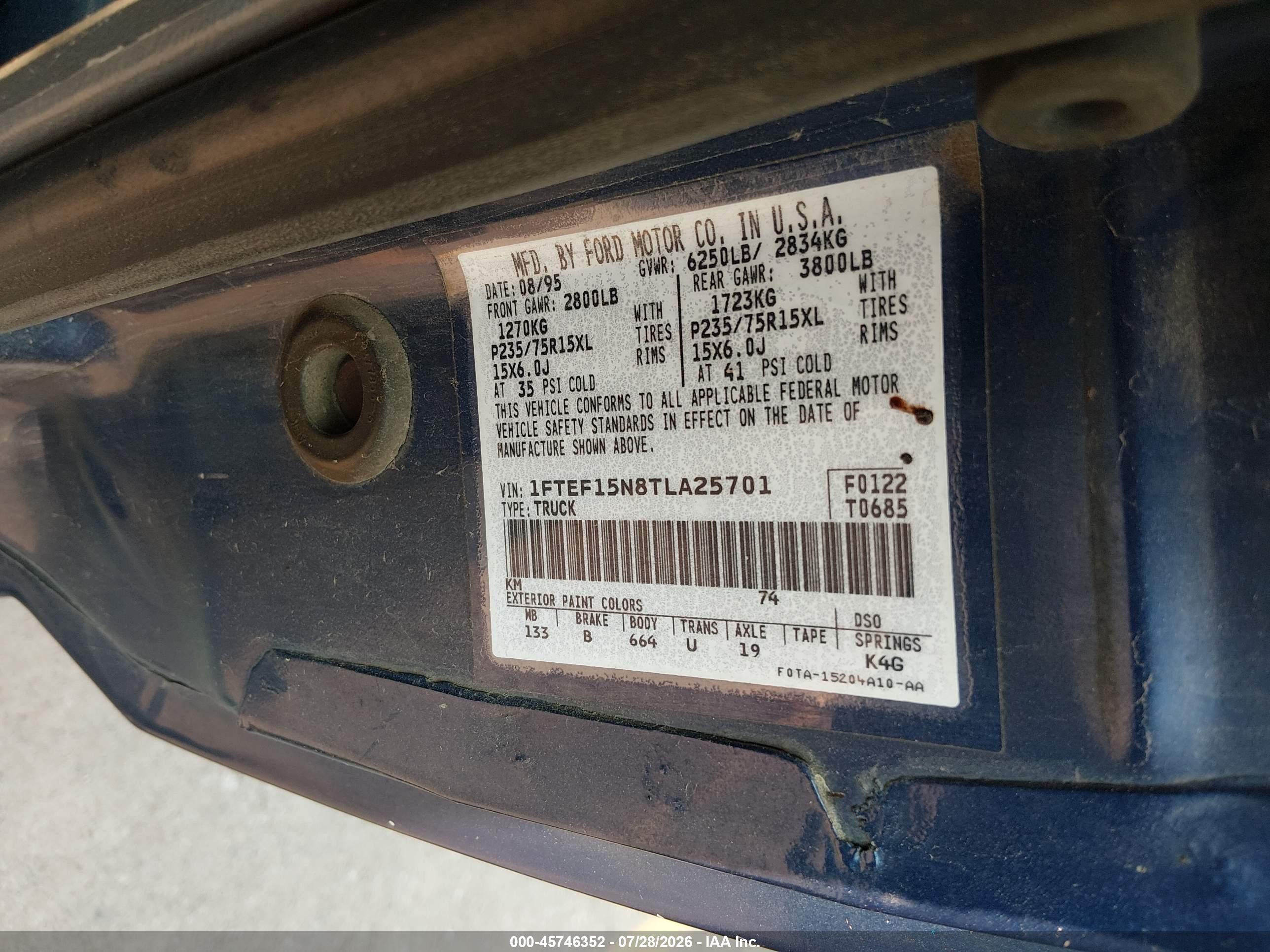 1996 Ford F150   Blue vin: 1FTEF15N8TLA25701