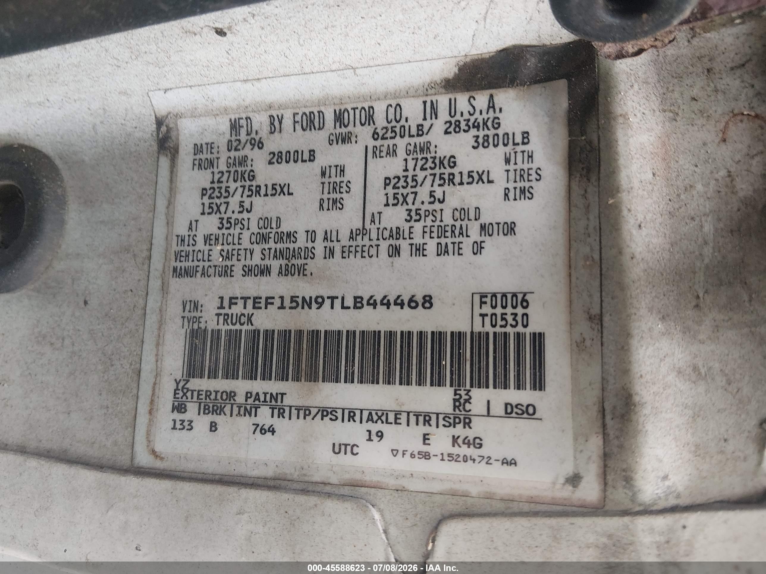 1996 Ford F150   White vin: 1FTEF15N9TLB44468