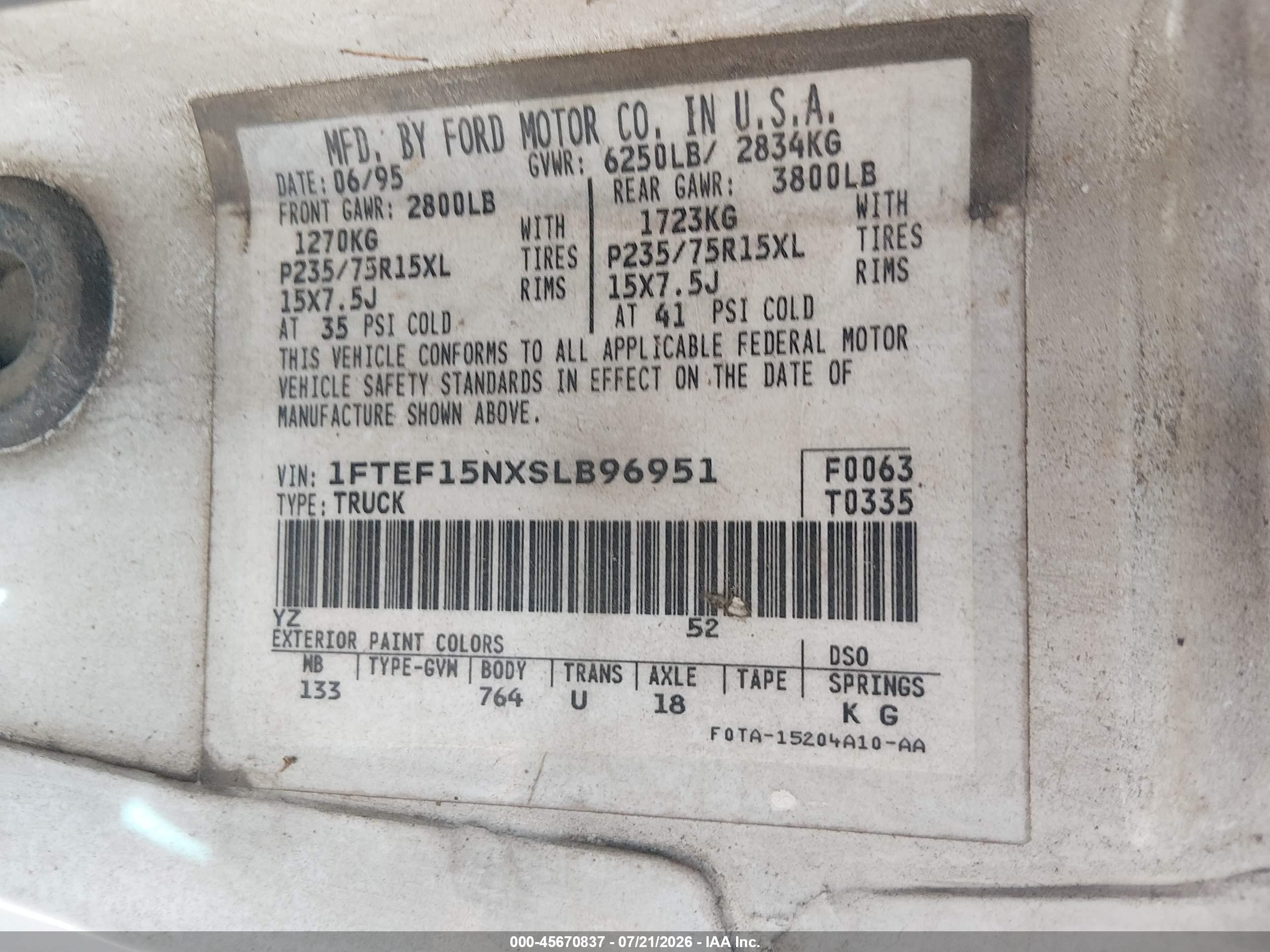 1995 Ford F150   White vin: 1FTEF15NXSLB96951