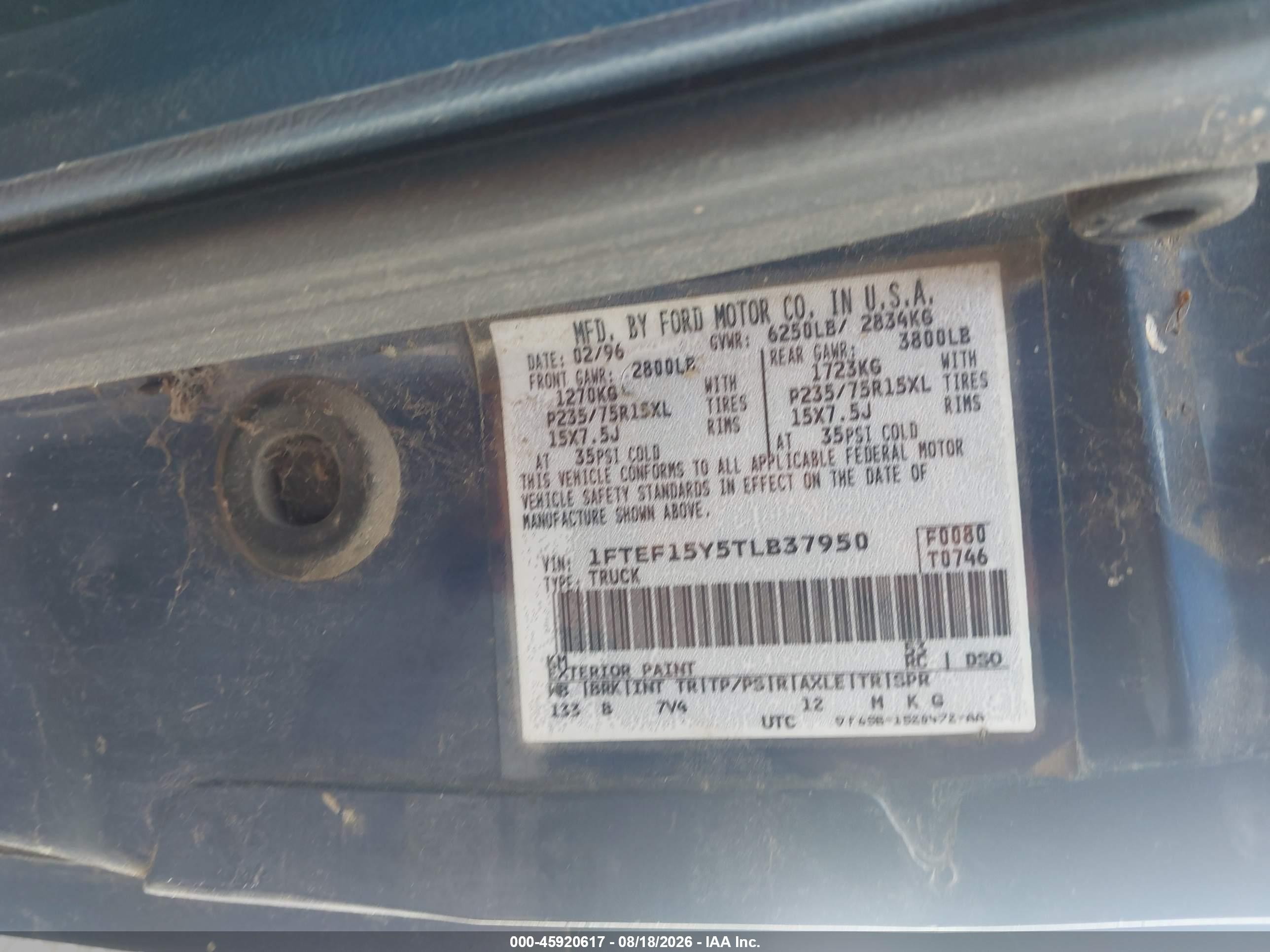 1996 Ford F150   Blue vin: 1FTEF15Y5TLB37950
