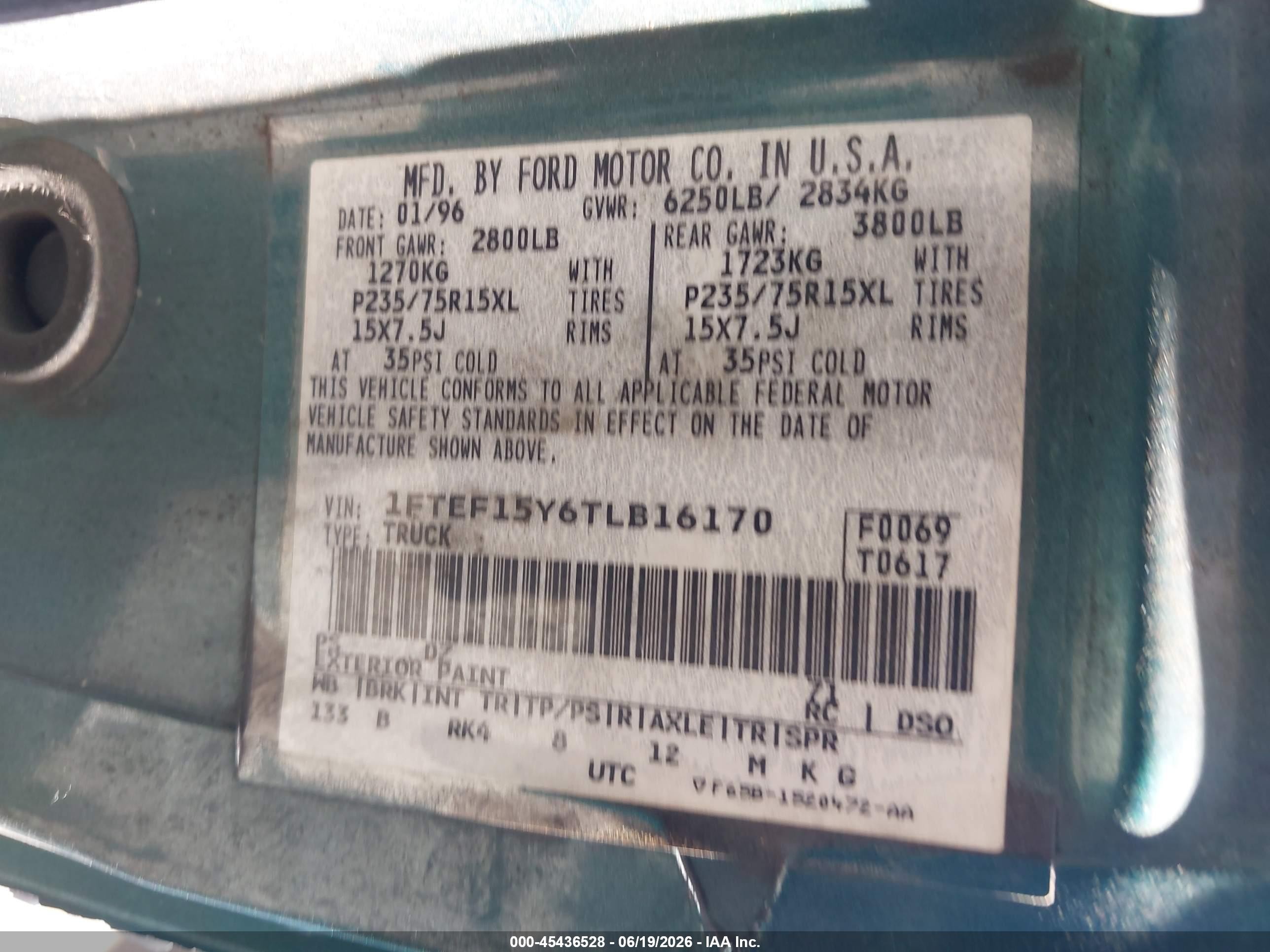 1996 Ford F150   Зеленый vin: 1FTEF15Y6TLB16170