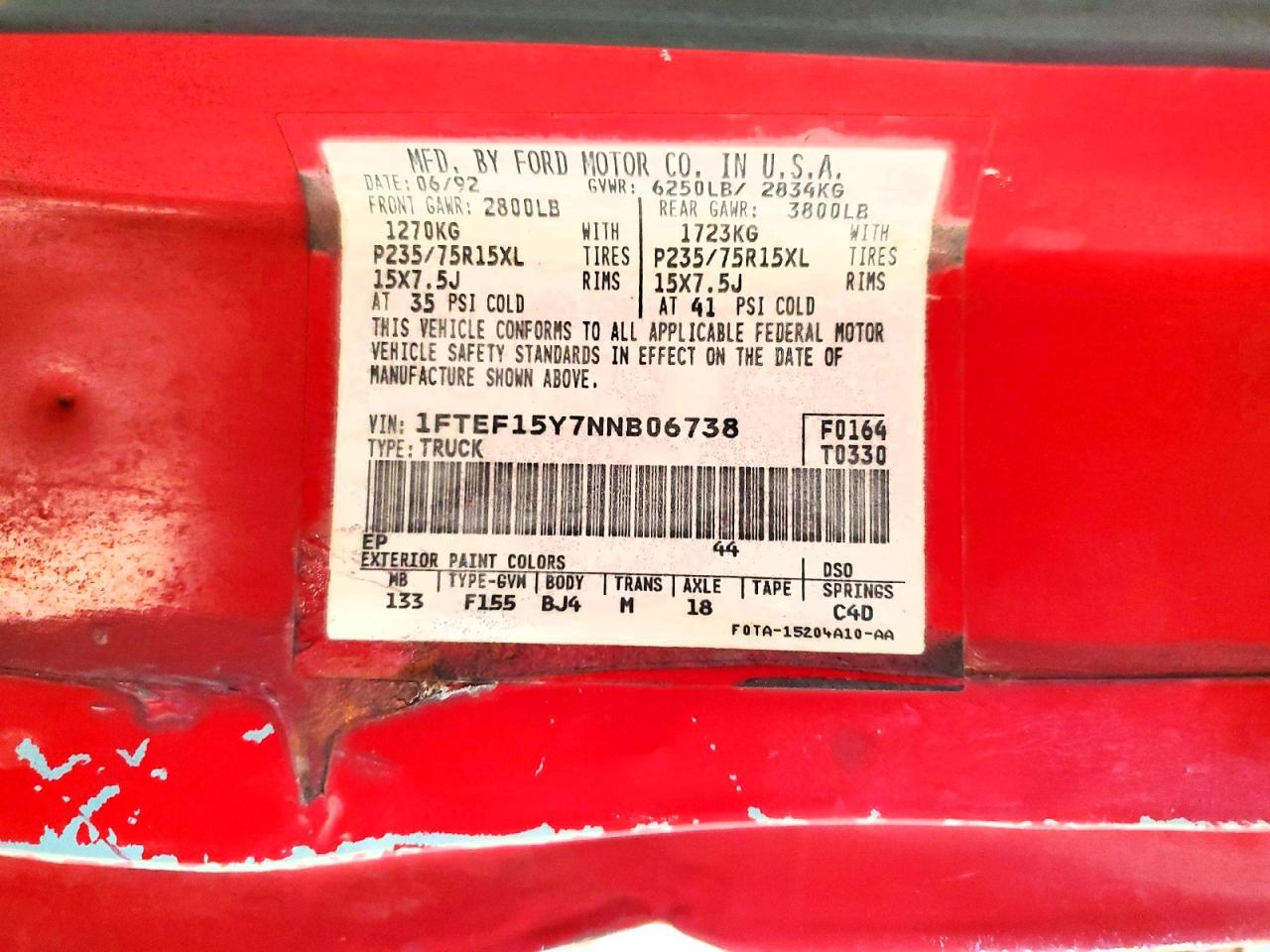 1992 Ford F150 Red vin: 1FTEF15Y7NNB06738