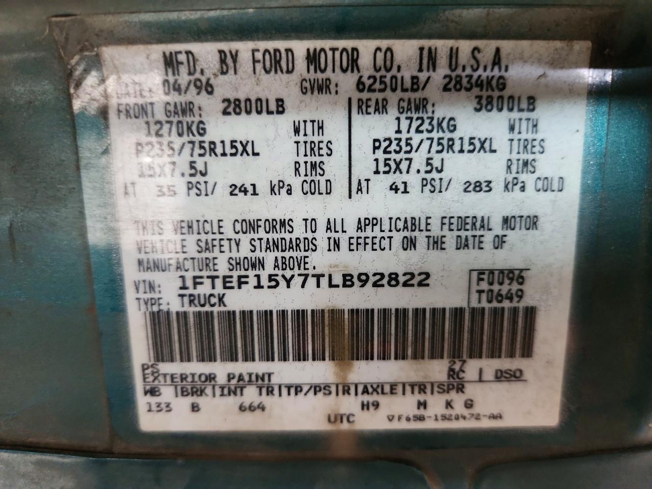 1996 Ford F150 Green vin: 1FTEF15Y7TLB92822