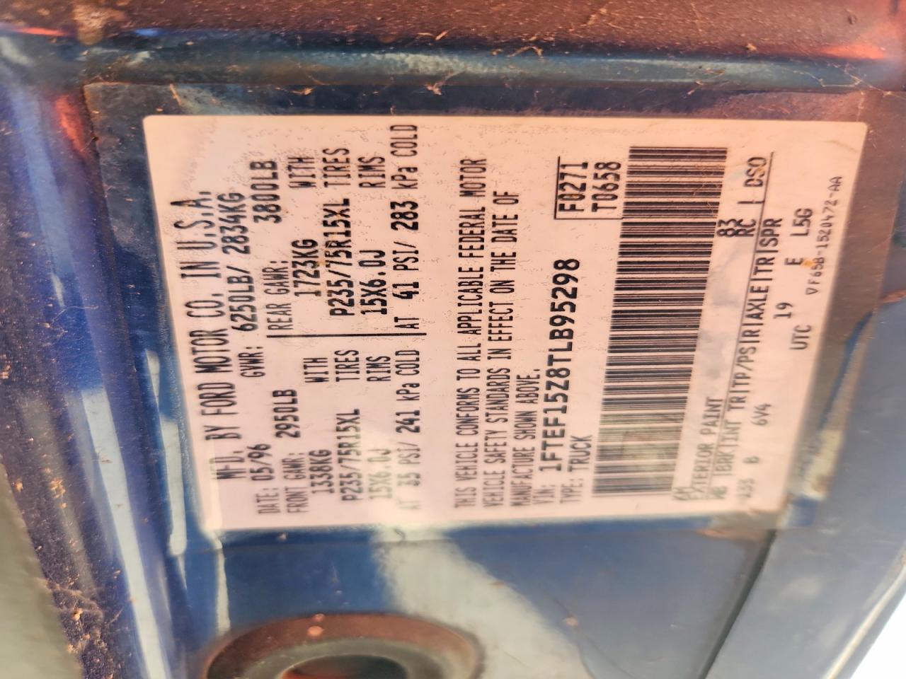1996 Ford F150 Blue vin: 1FTEF15Z8TLB95298