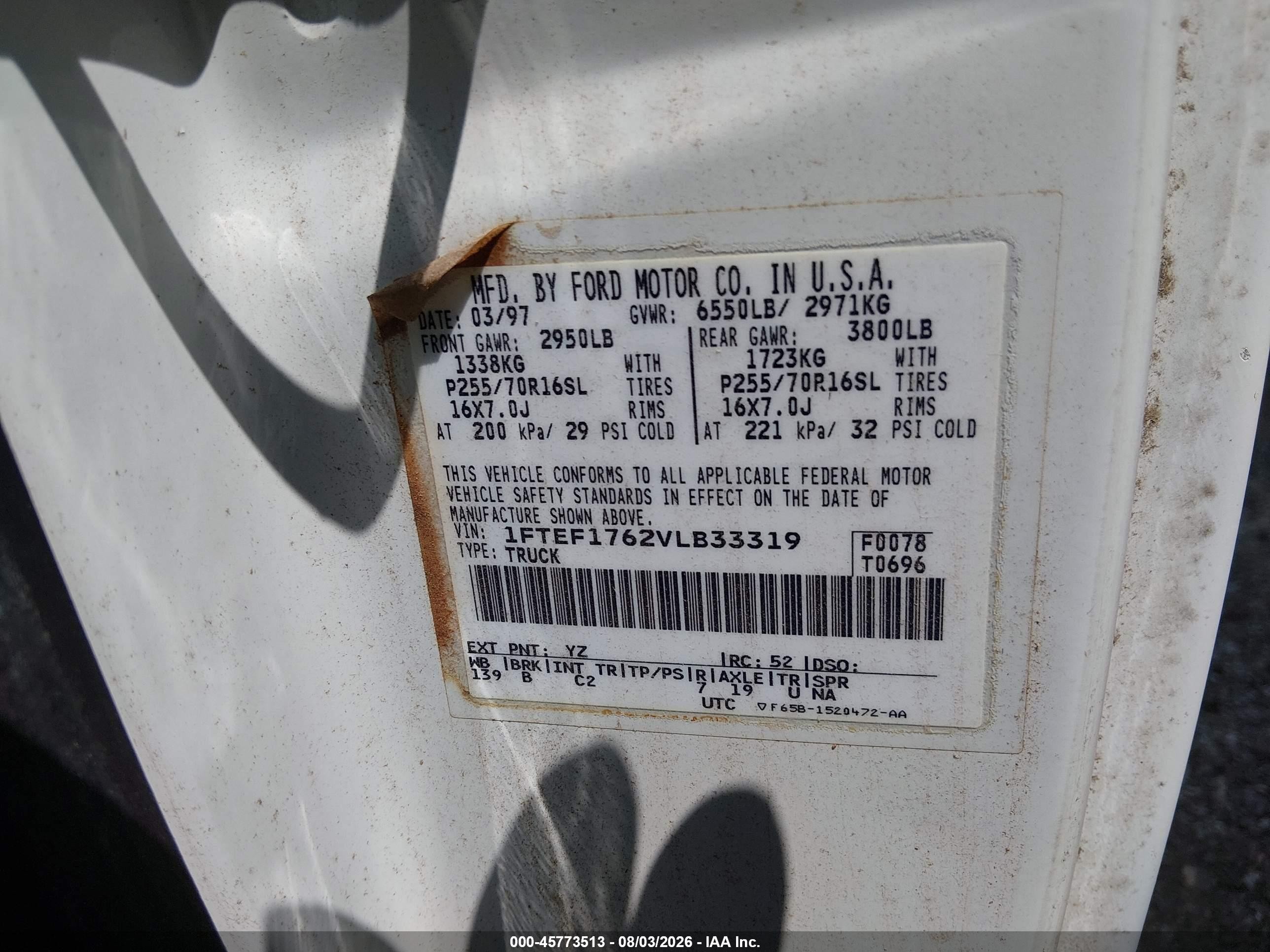 1997 Ford F150   White vin: 1FTEF1762VLB33319