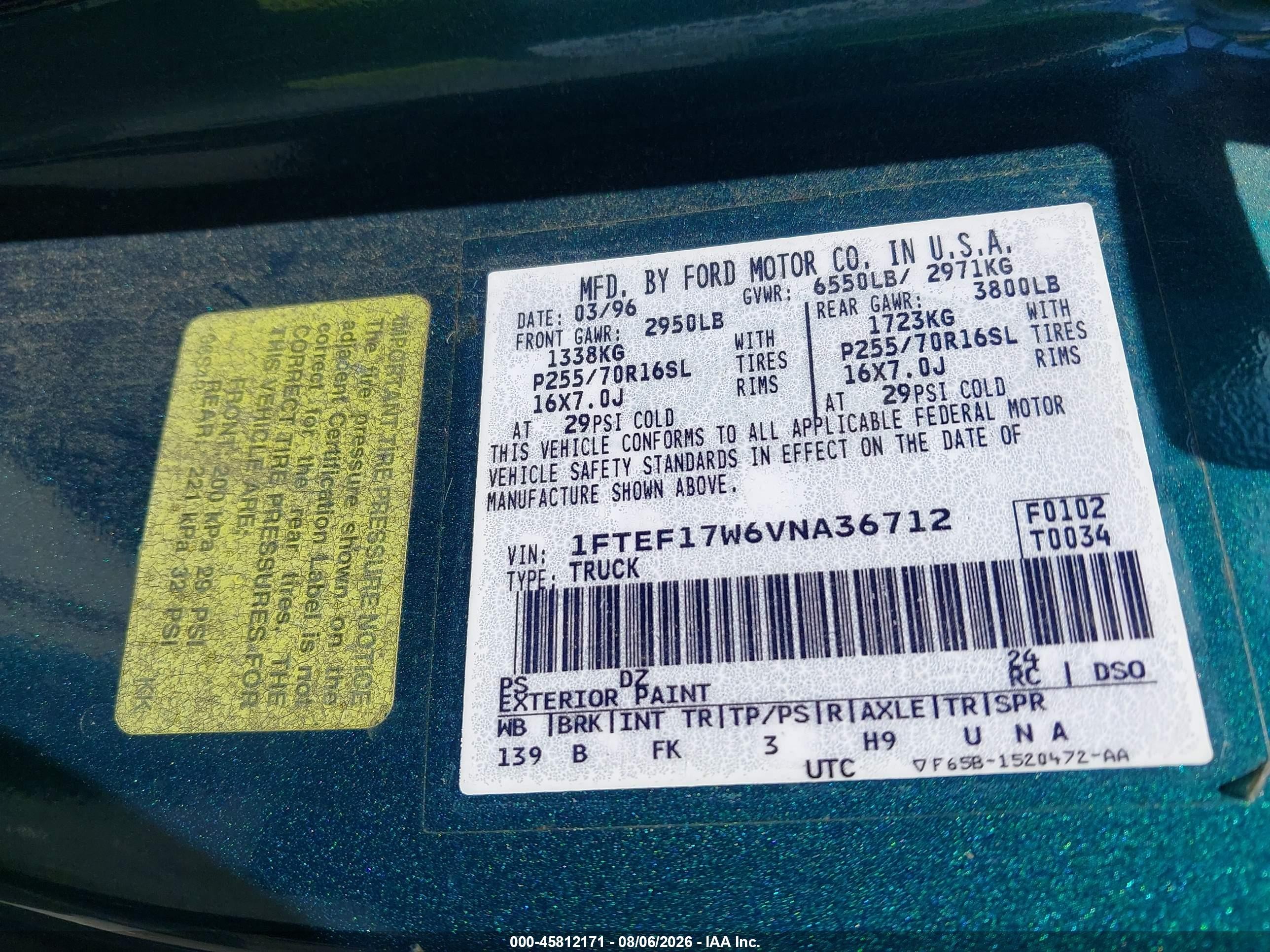 1997 Ford F-150 Standard Lariat/standard/xl/xlt Green vin: 1FTEF17W6VNA36712