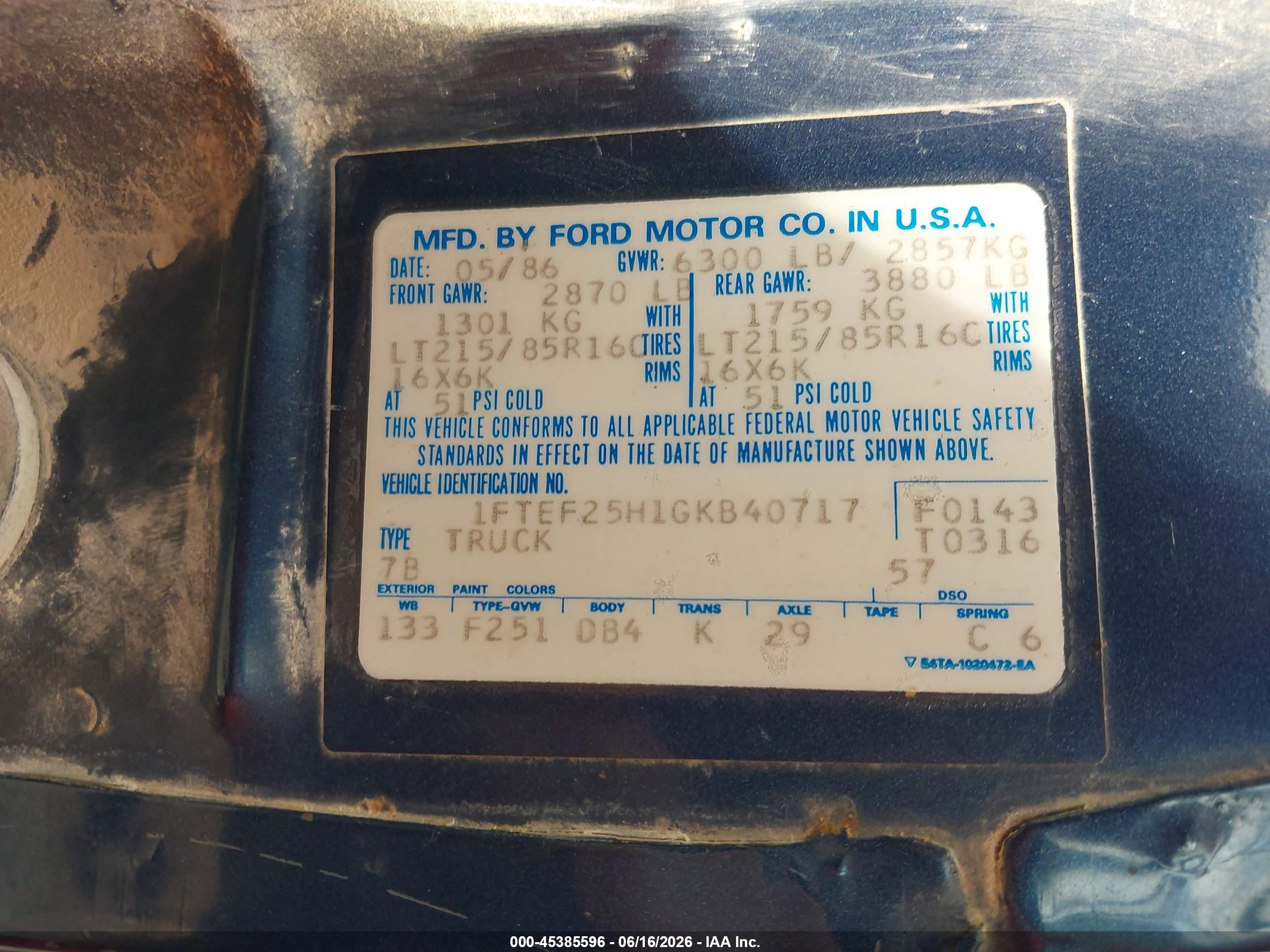 1986 Ford F250   Blue vin: 1FTEF25H1GKB40717