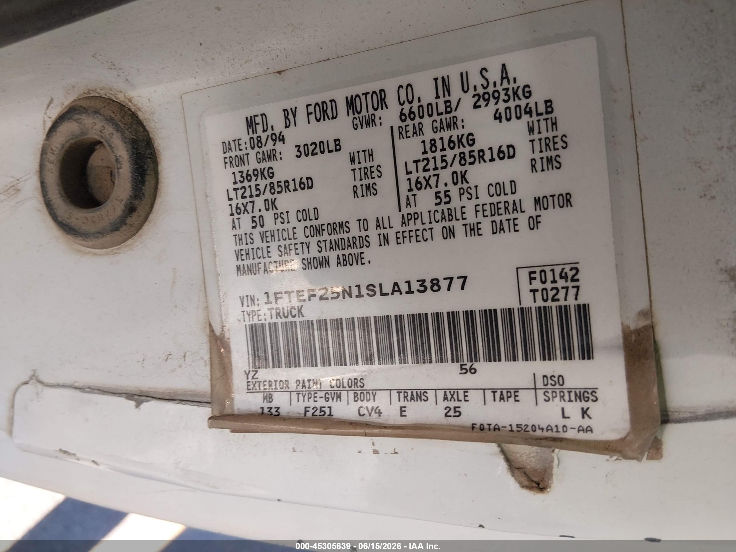 1995 Ford F250 White vin: 1FTEF25N1SLA13877