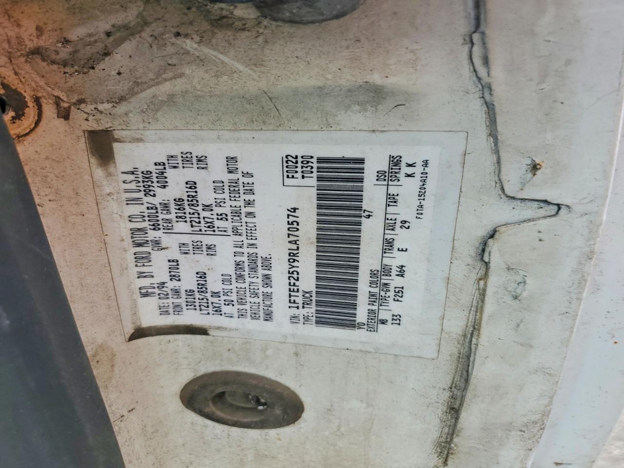 1994 Ford F250 White vin: 1FTEF25Y9RLA70574