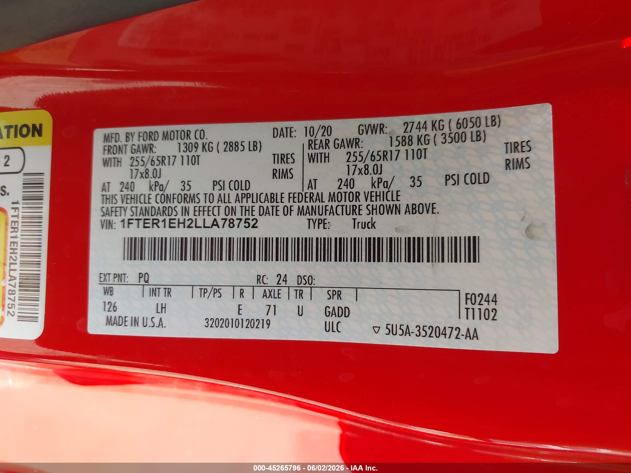 2020 Ford Ranger Xl Red vin: 1FTER1EH2LLA78752