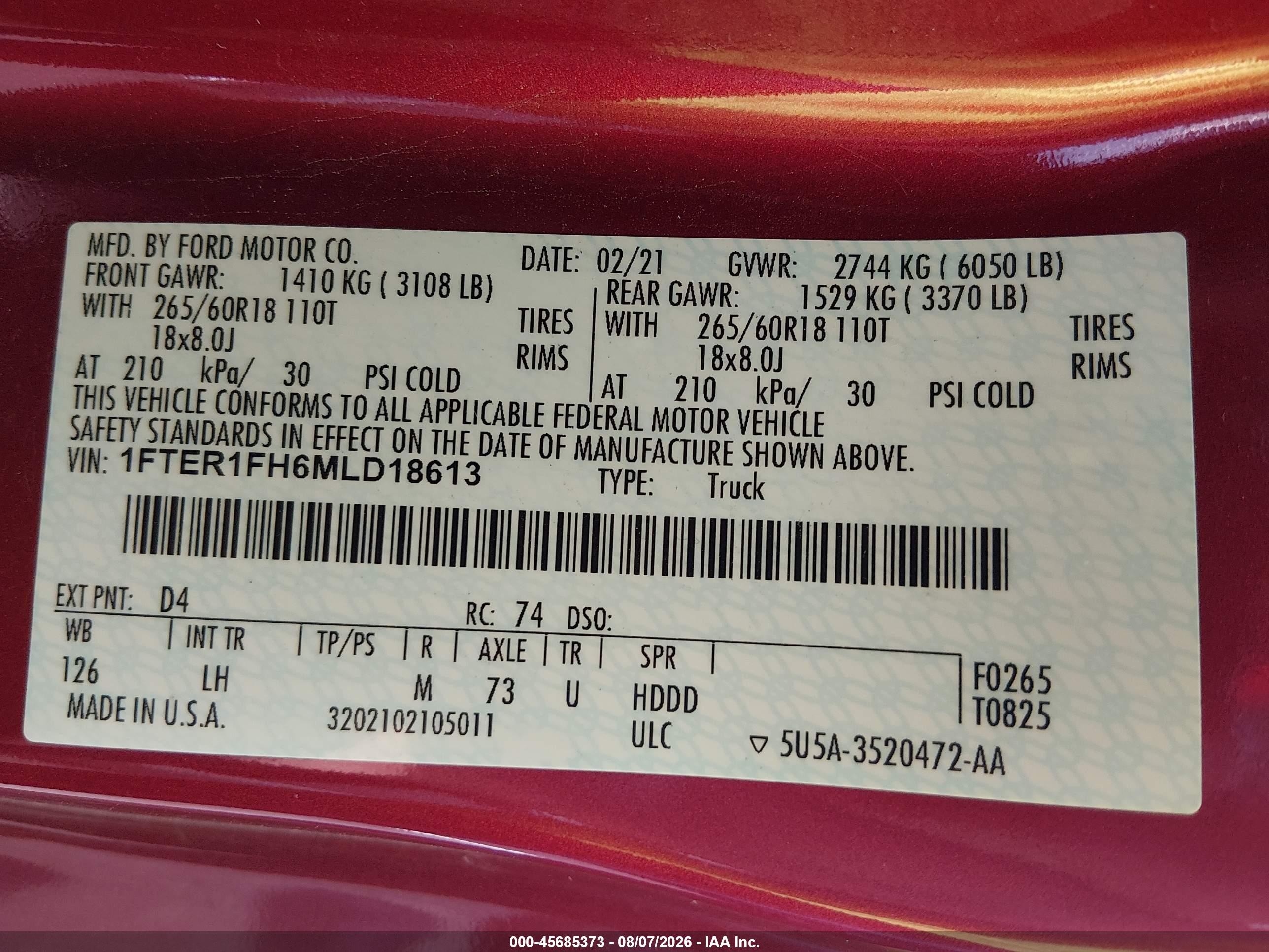 2021 Ford Ranger Xl Red vin: 1FTER1FH6MLD18613