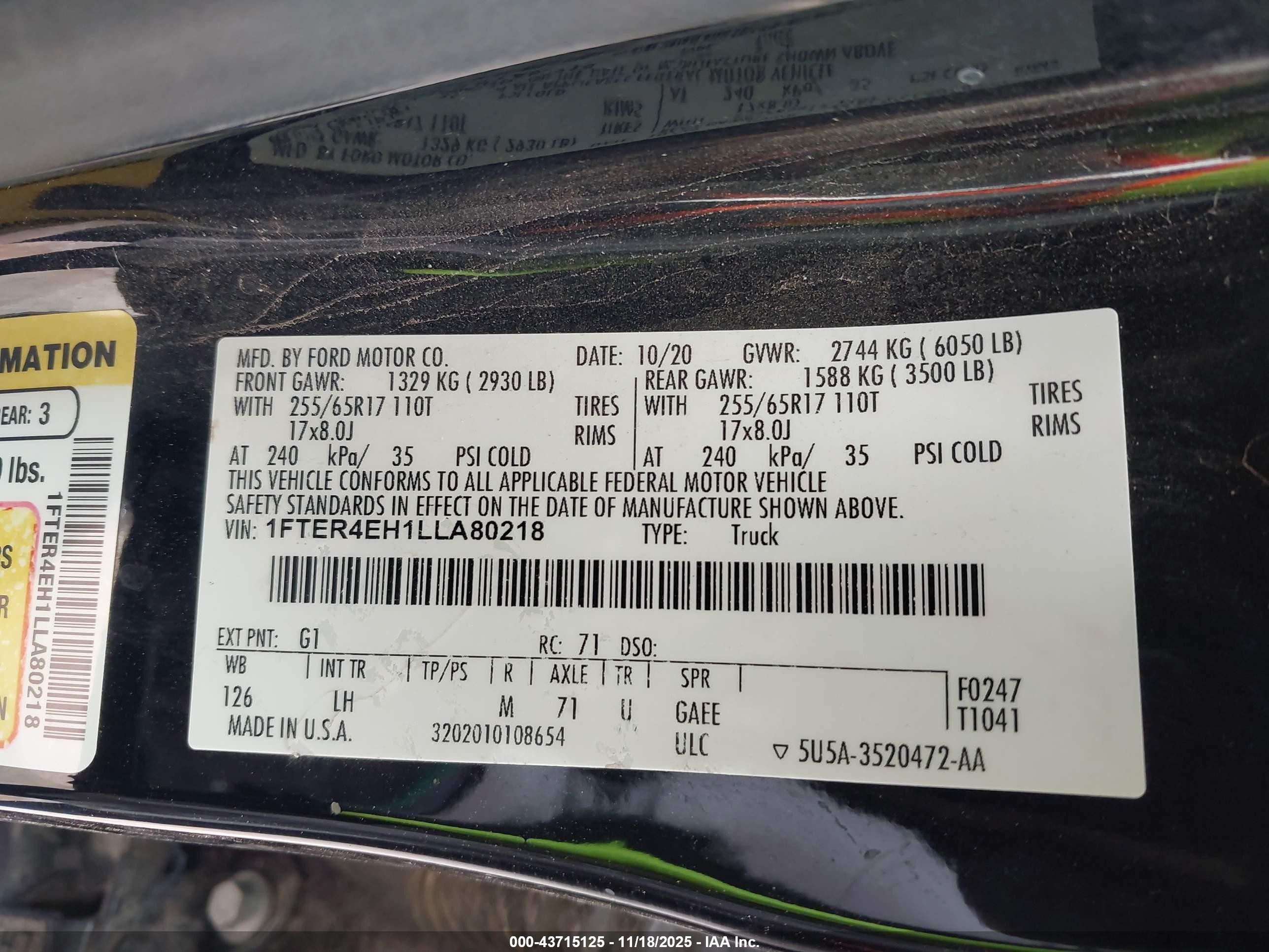2020 Ford Ranger Xlt Black vin: 1FTER4EH1LLA80218