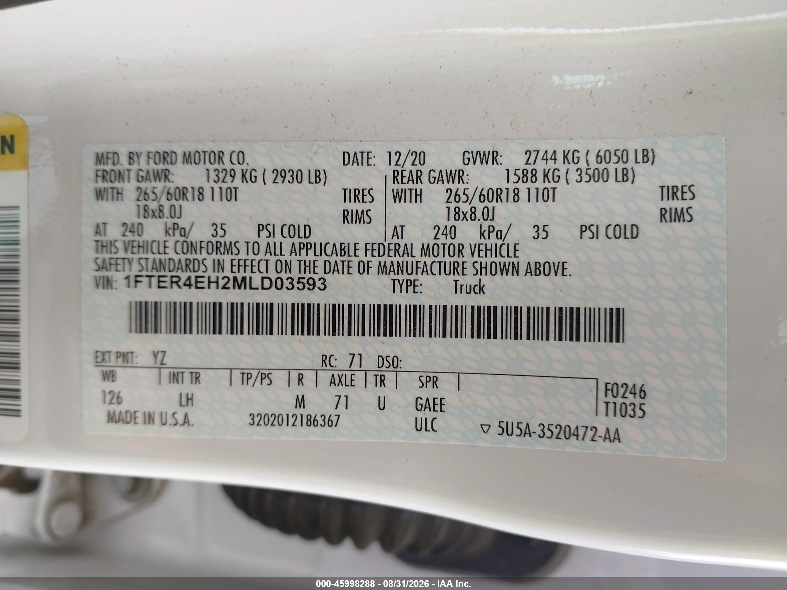 2021 Ford Ranger Xl White vin: 1FTER4EH2MLD03593