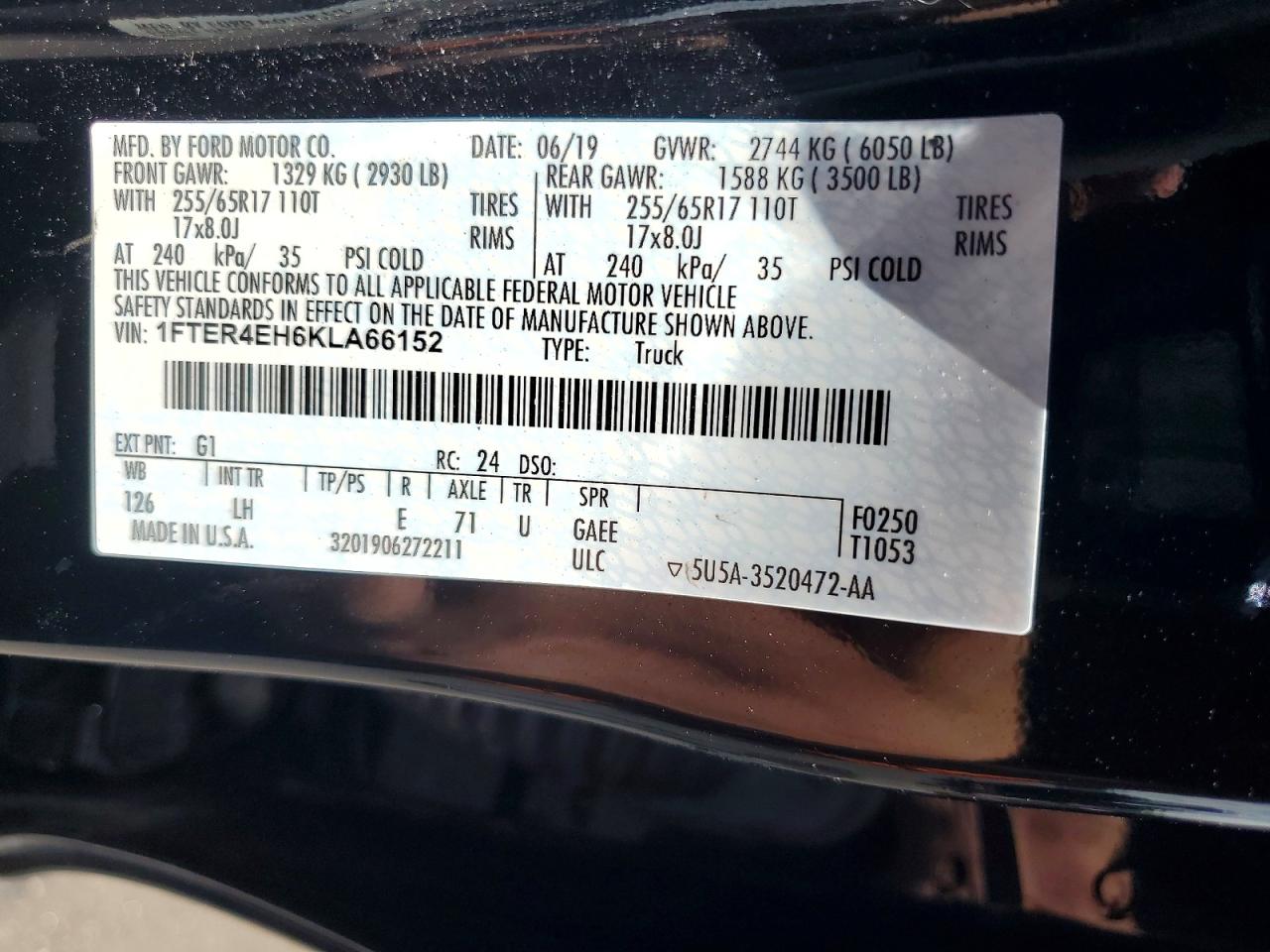 2019 Ford Ranger Xl Black vin: 1FTER4EH6KLA66152