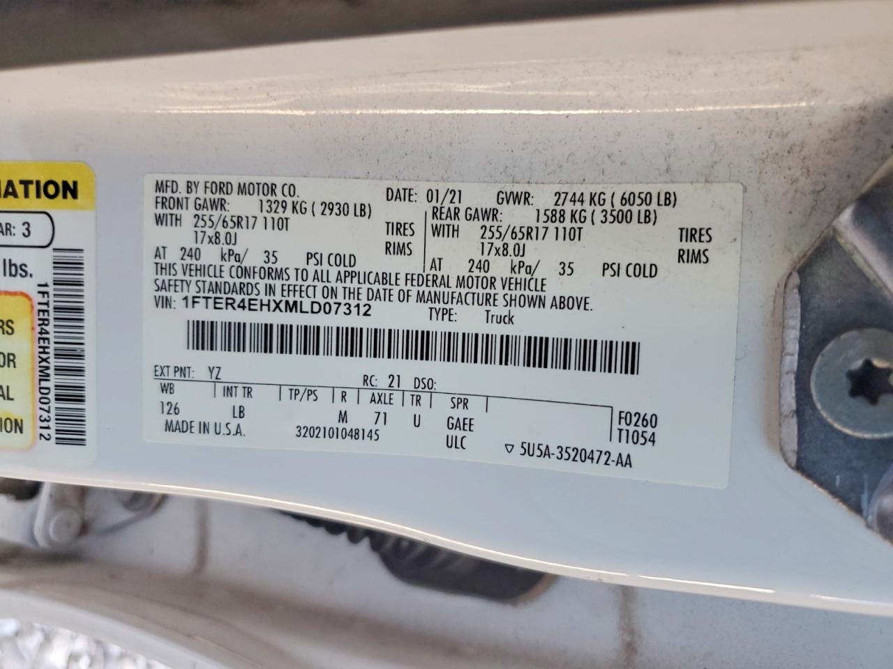 2021 Ford Ranger Xl White vin: 1FTER4EHXMLD07312