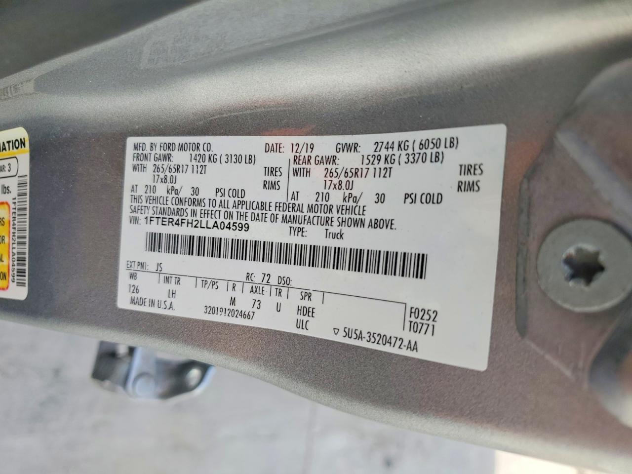 2020 Ford Ranger Xl Silver vin: 1FTER4FH2LLA04599