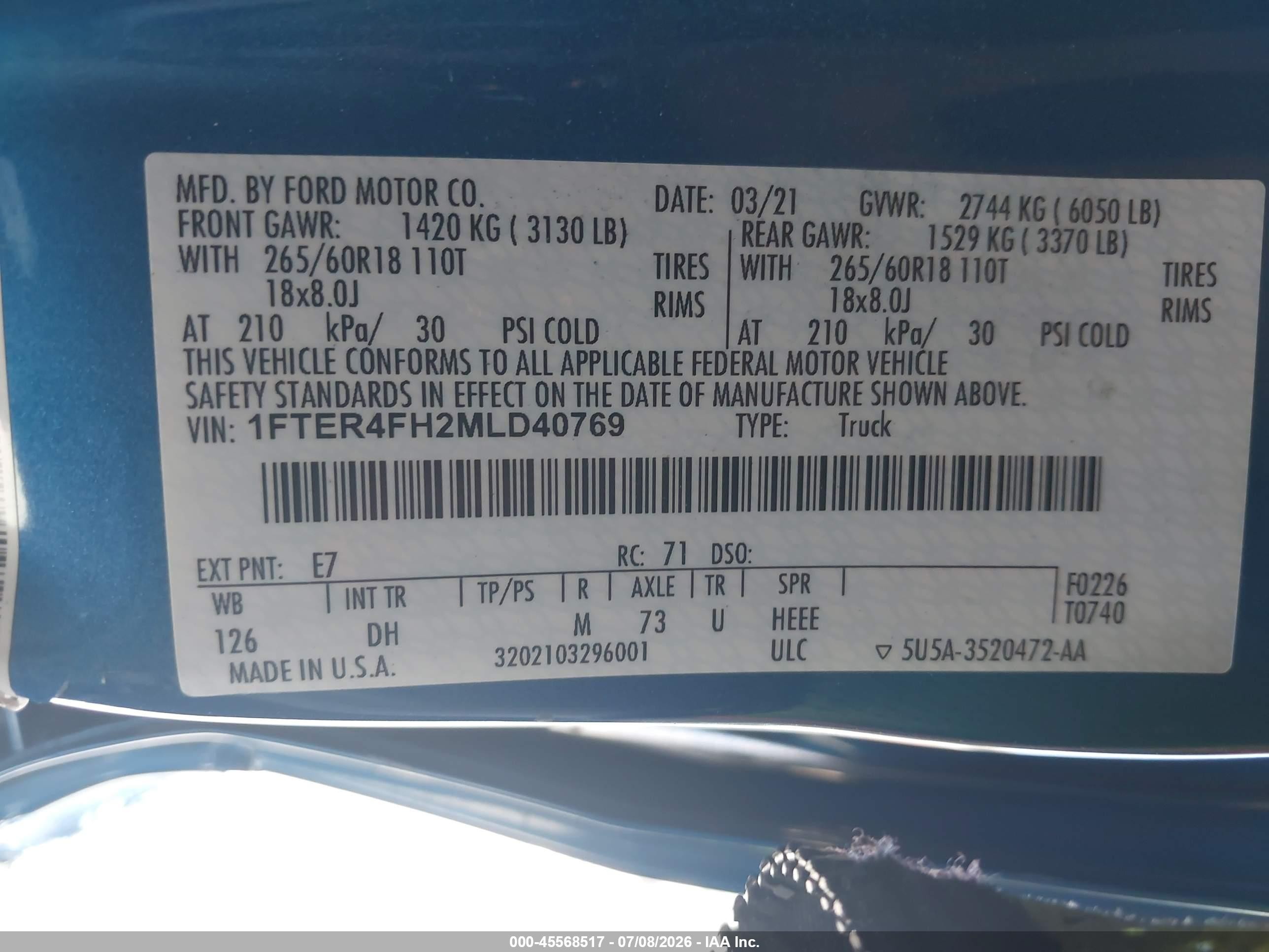 2021 Ford Ranger Lariat Blue vin: 1FTER4FH2MLD40769