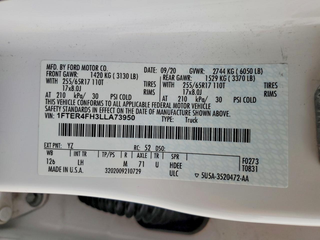 2020 Ford Ranger Xl White vin: 1FTER4FH3LLA73950