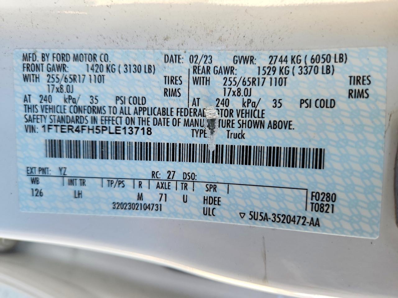 2023 Ford Ranger Xl White vin: 1FTER4FH5PLE13718