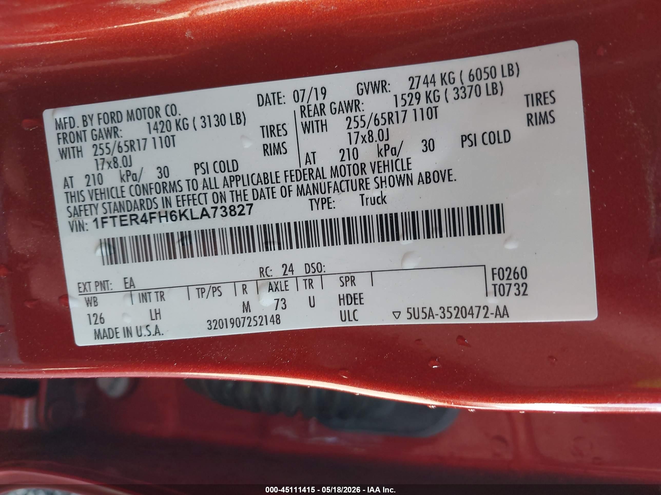2019 Ford Ranger Xlt Оранжевый vin: 1FTER4FH6KLA73827