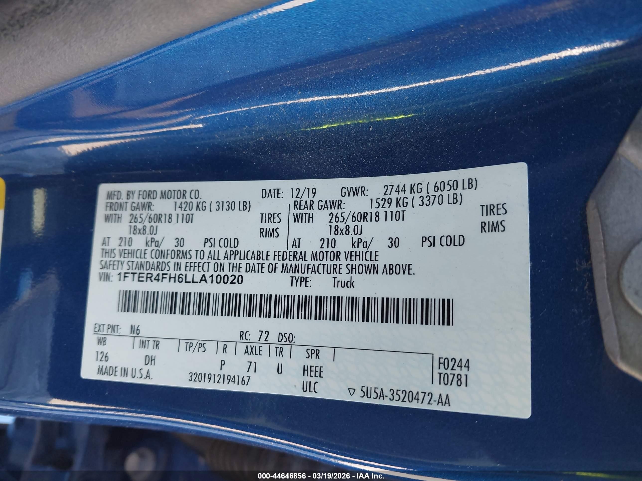 2020 Ford Ranger Lariat Blue vin: 1FTER4FH6LLA10020