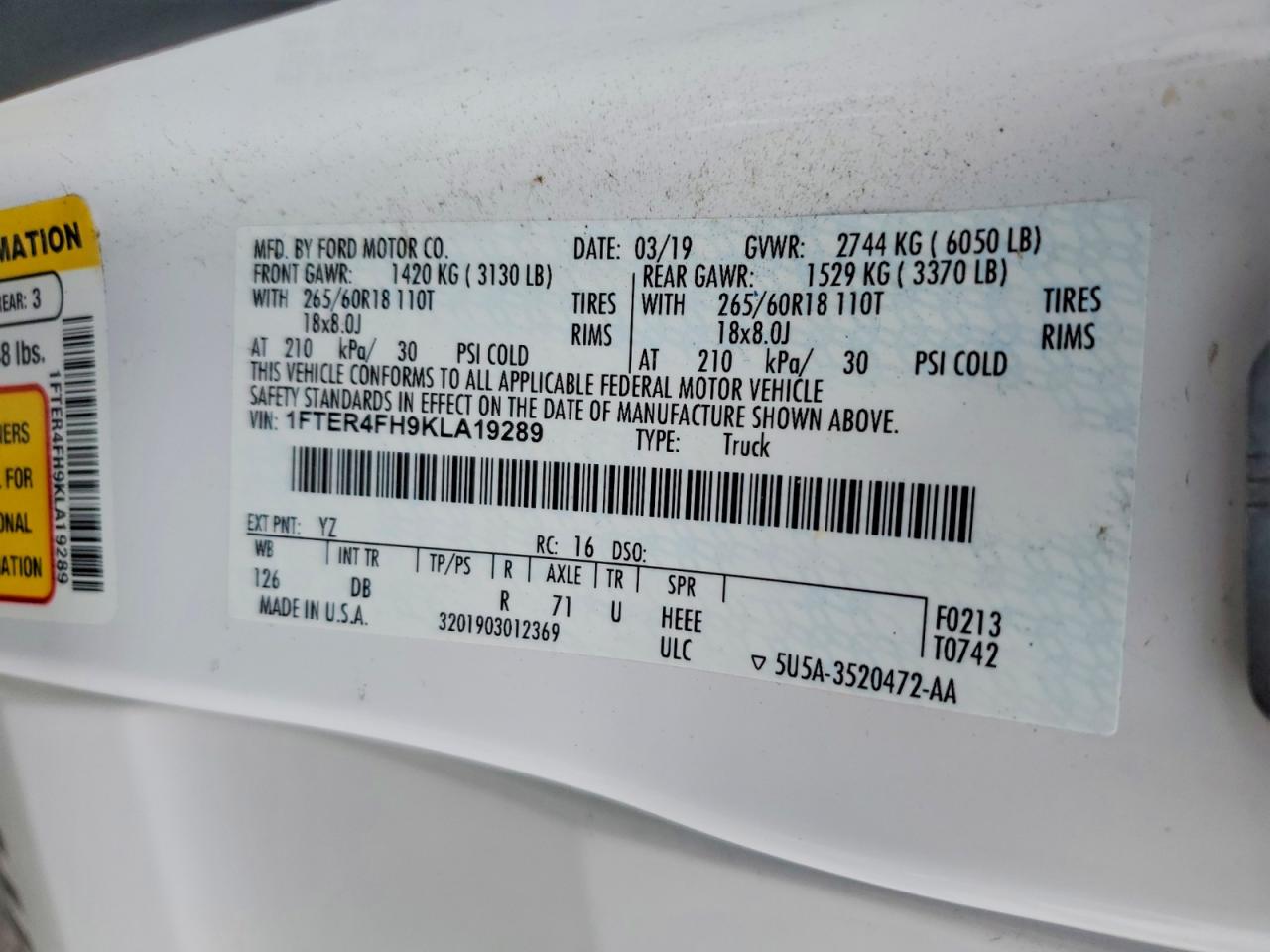 2019 Ford Ranger Xl White vin: 1FTER4FH9KLA19289