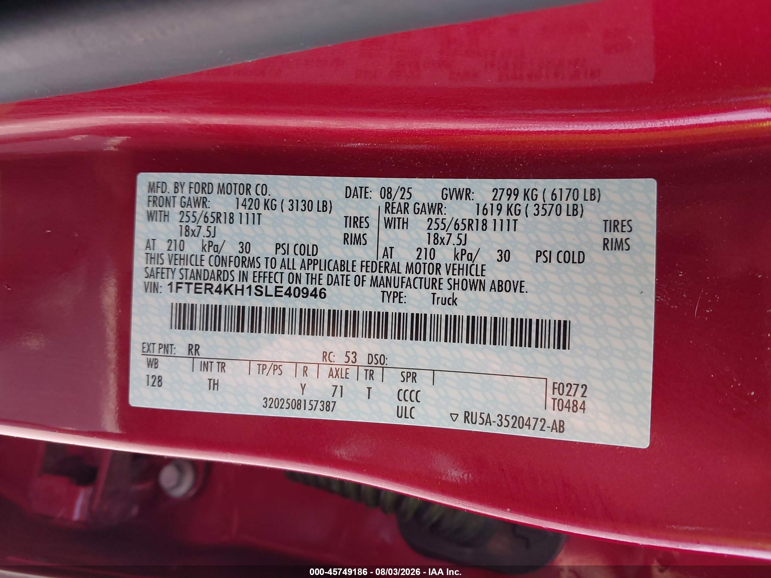2025 Ford Ranger Lariat Red vin: 1FTER4KH1SLE40946