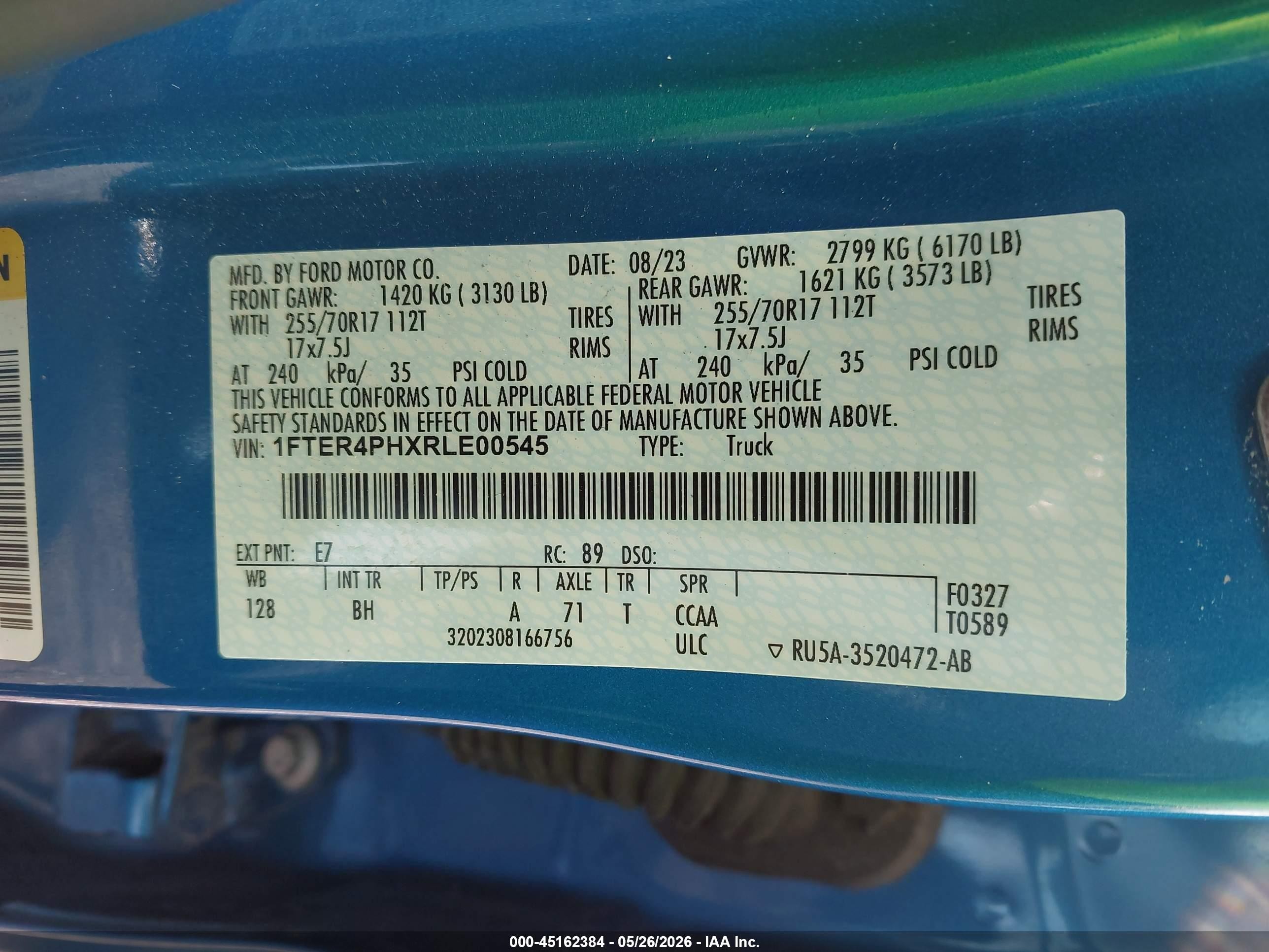 2024 Ford Ranger Xl Blue vin: 1FTER4PHXRLE00545