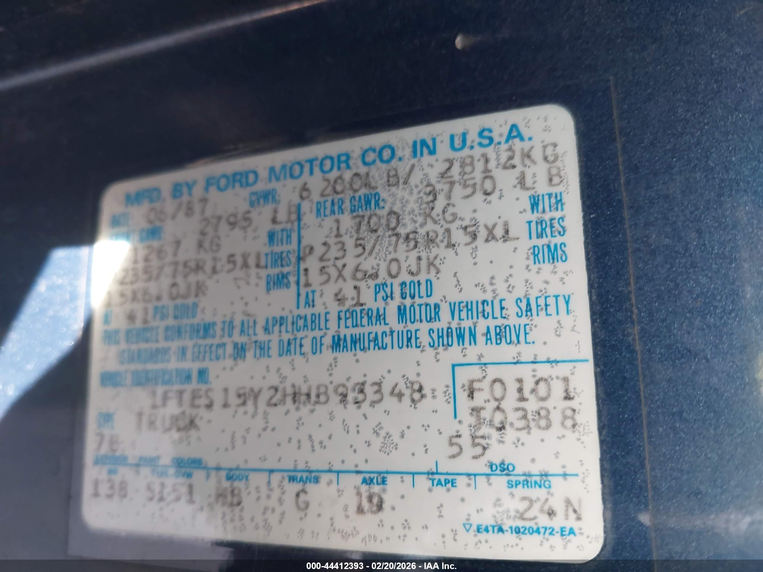 1987 Ford Econoline E150 Super Duty Van Blue vin: 1FTES15Y2HHB93348