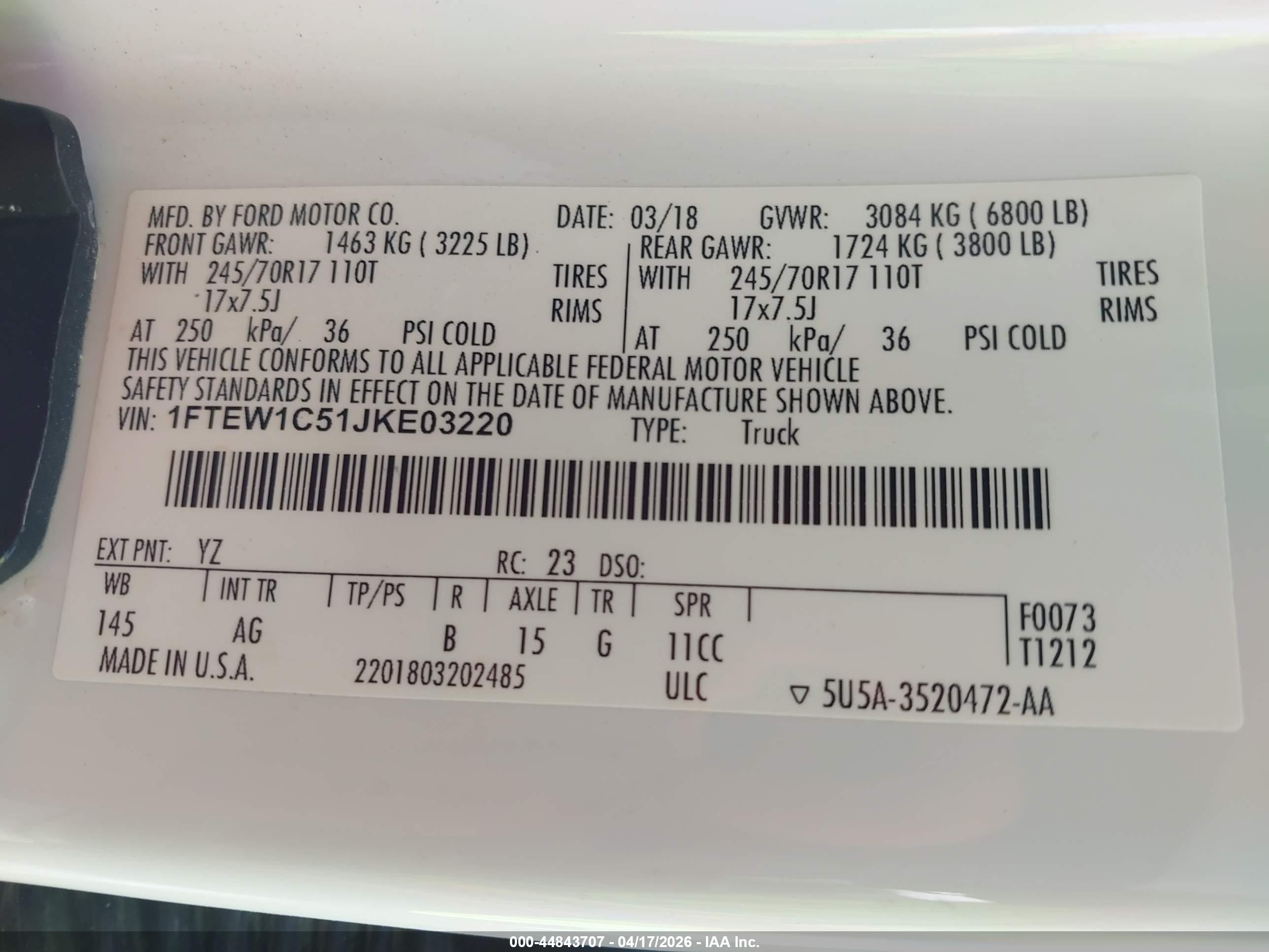2018 Ford F-150 Xl White vin: 1FTEW1C51JKE03220