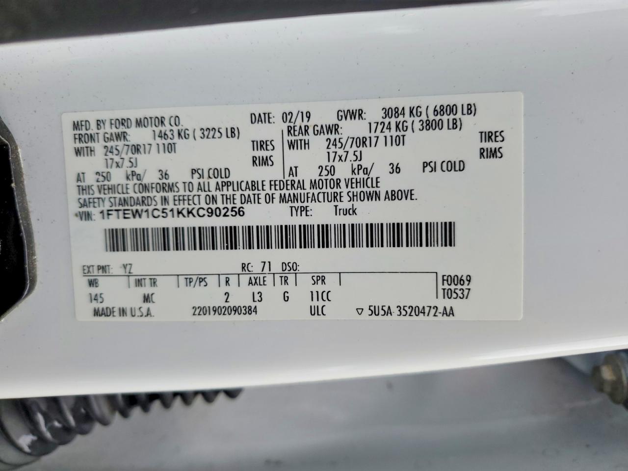 2019 Ford F150 Supercrew White vin: 1FTEW1C51KKC90256