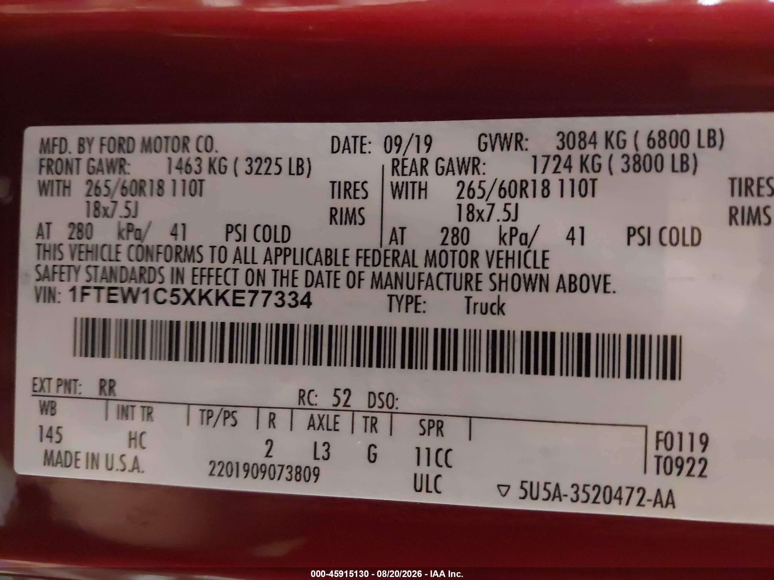 2019 Ford F-150 Lariat Red vin: 1FTEW1C5XKKE77334