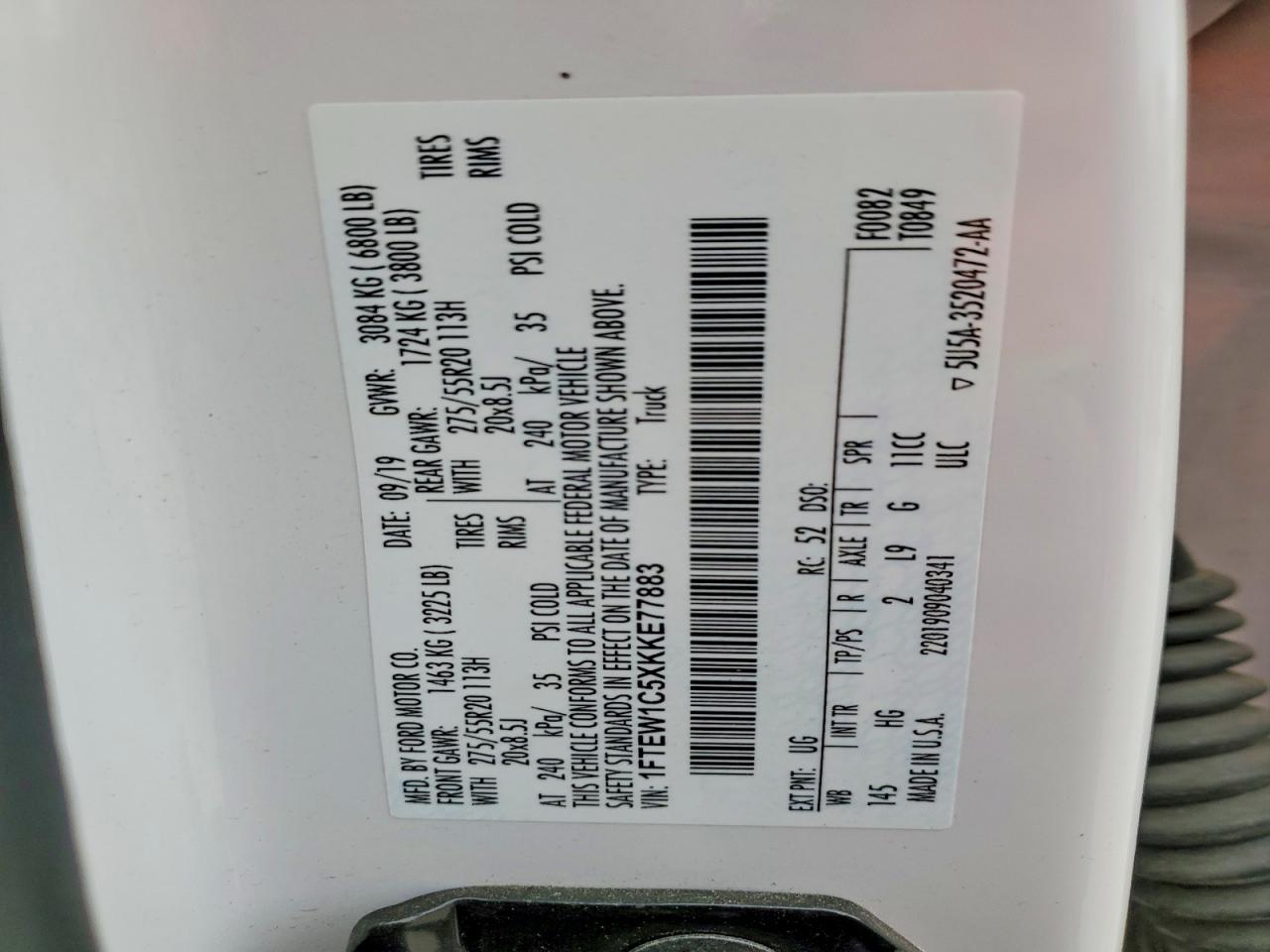 2019 Ford F-150 White vin: 1FTEW1C5XKKE77883