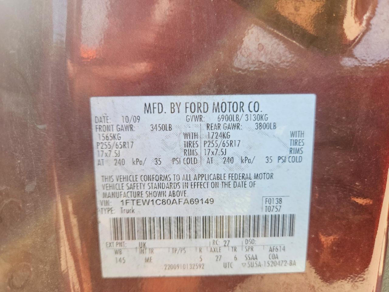 2010 Ford F150 Supercrew Red vin: 1FTEW1C80AFA69149