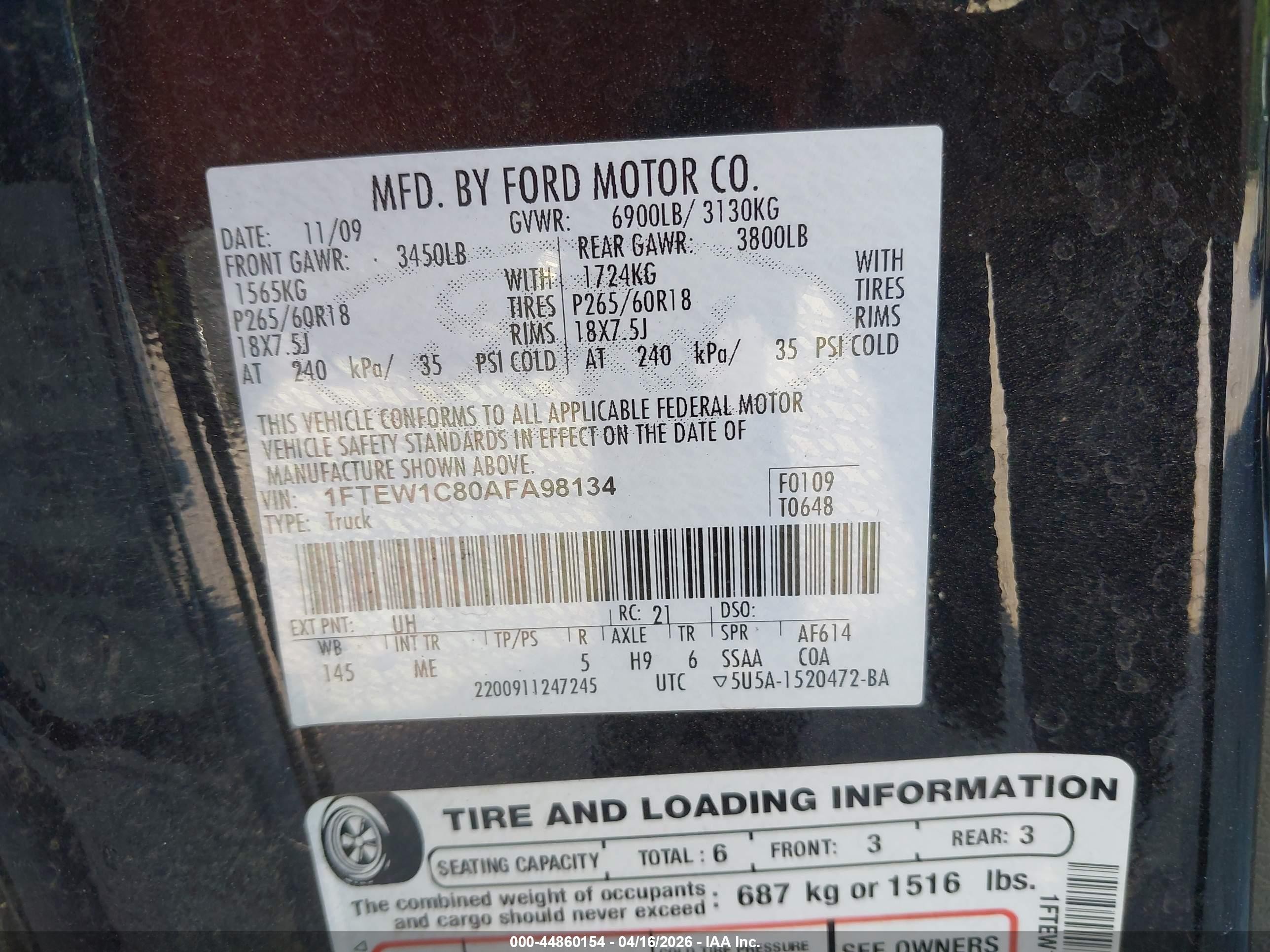 2010 Ford F-150 Fx2 Sport/xl/xlt Black vin: 1FTEW1C80AFA98134