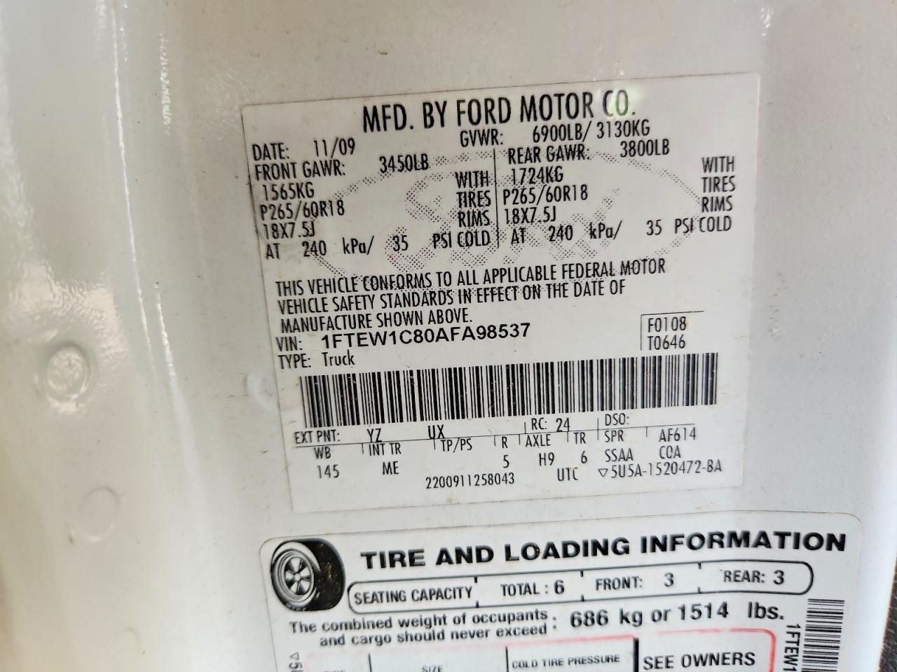 2010 Ford F150 Supercrew White vin: 1FTEW1C80AFA98537
