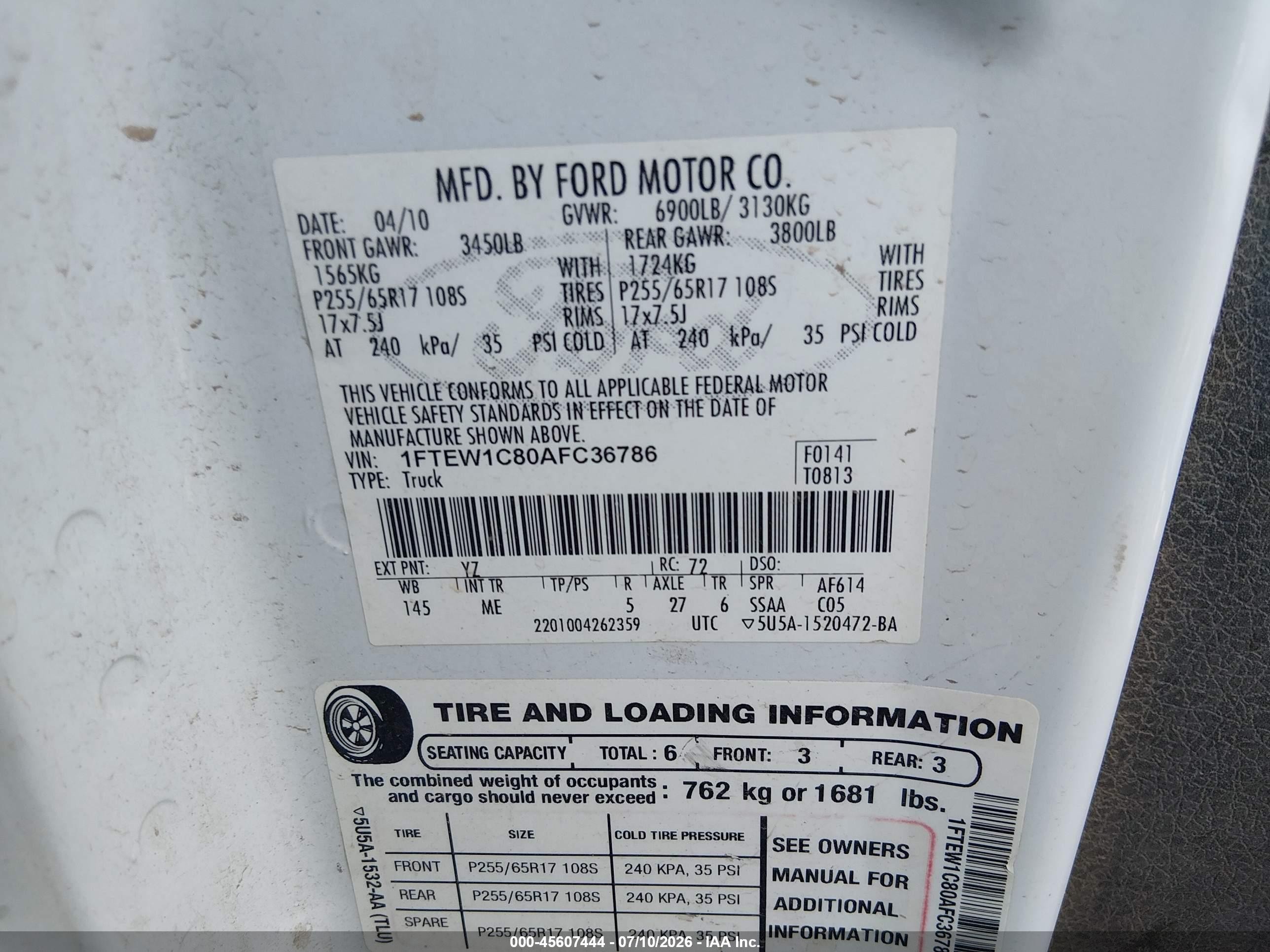 2010 Ford F-150 Fx2 Sport/xl/xlt White vin: 1FTEW1C80AFC36786