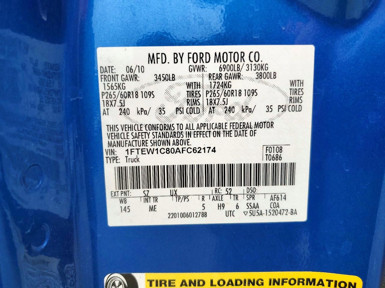 2010 Ford F150 Supercrew Blue vin: 1FTEW1C80AFC62174