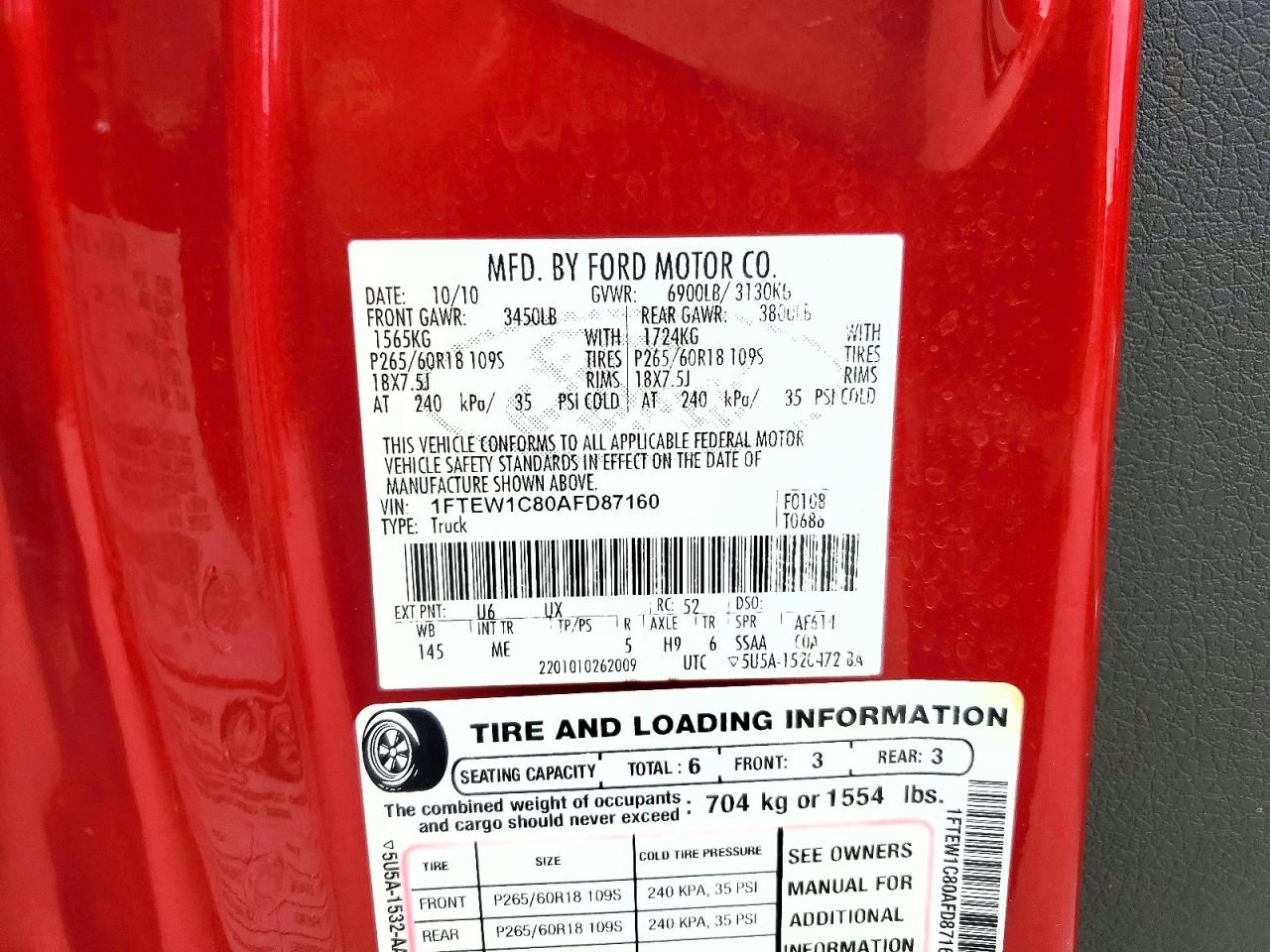 2010 Ford F150 Supercrew Red vin: 1FTEW1C80AFD87160