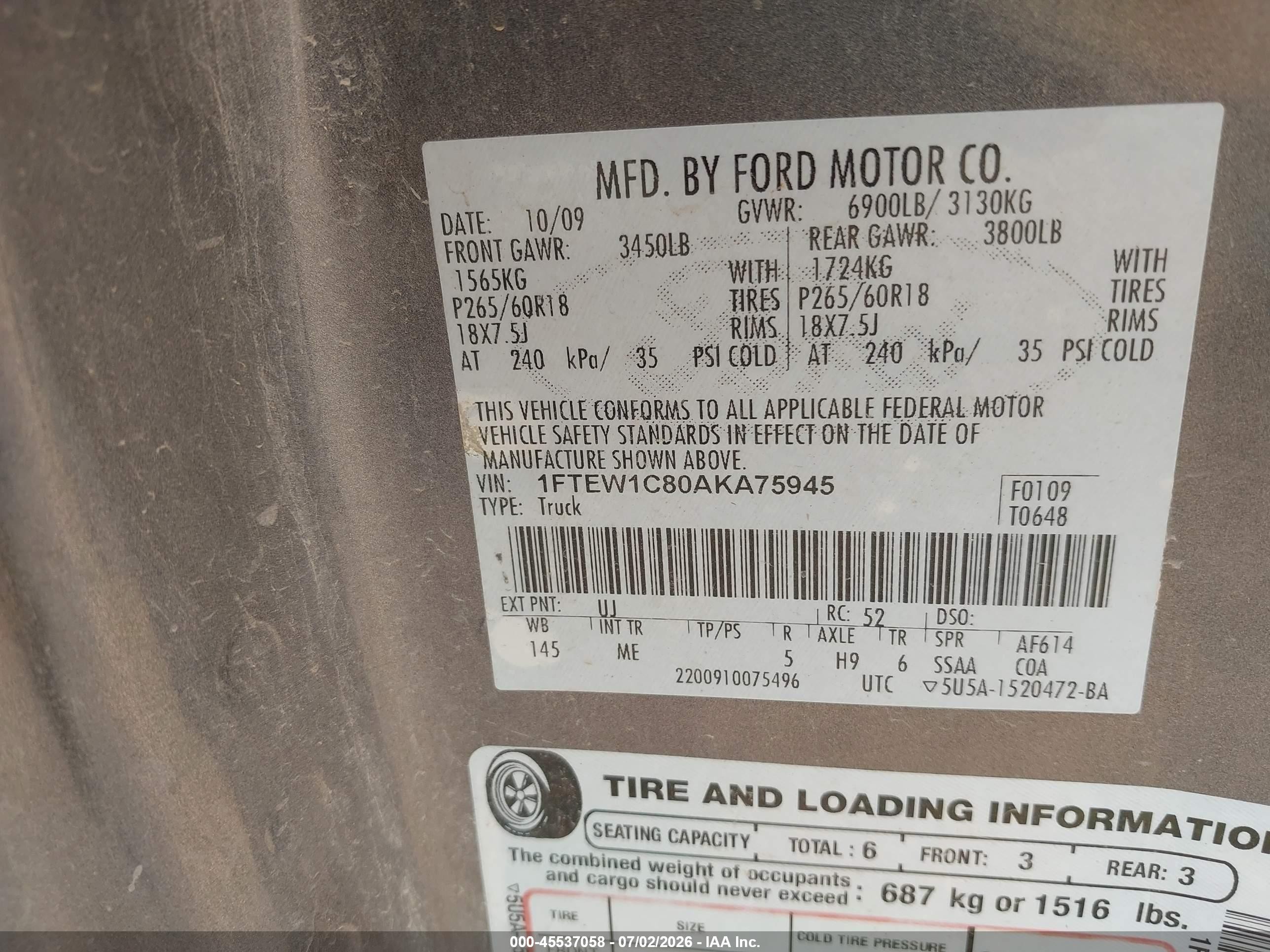 2010 Ford F-150 Fx2 Sport/xl/xlt Серый vin: 1FTEW1C80AKA75945