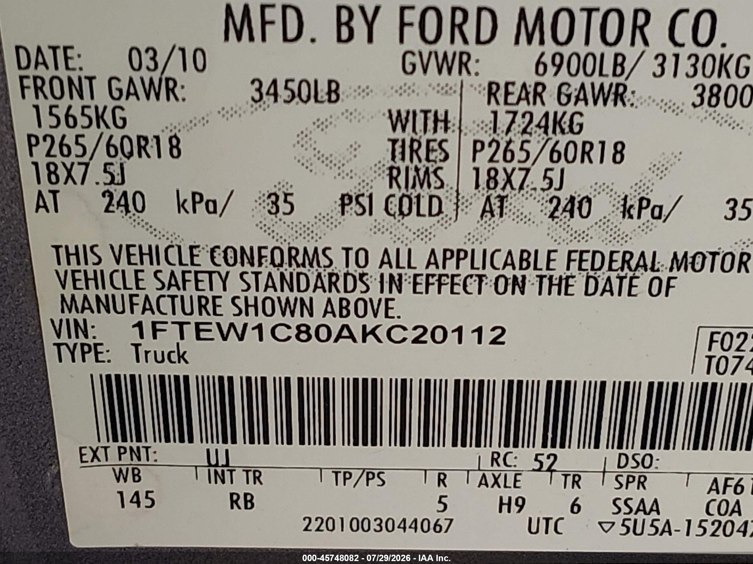 2010 Ford F-150 Fx2 Sport/xl/xlt Gray vin: 1FTEW1C80AKC20112