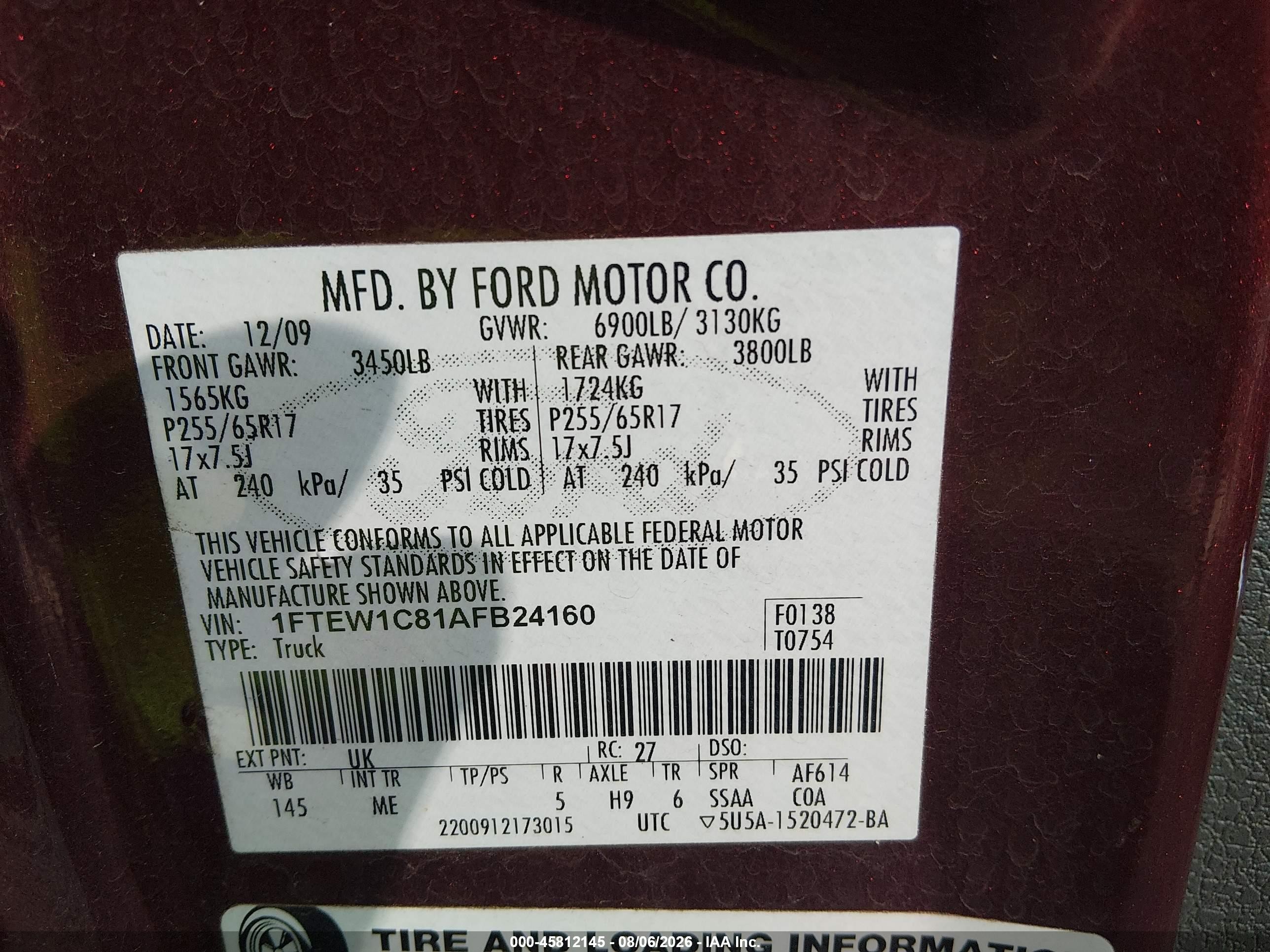2010 Ford F-150 Fx2 Sport/xl/xlt Red vin: 1FTEW1C81AFB24160