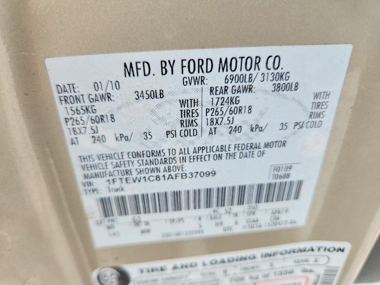 2010 Ford F150 Supercrew Gold vin: 1FTEW1C81AFB37099